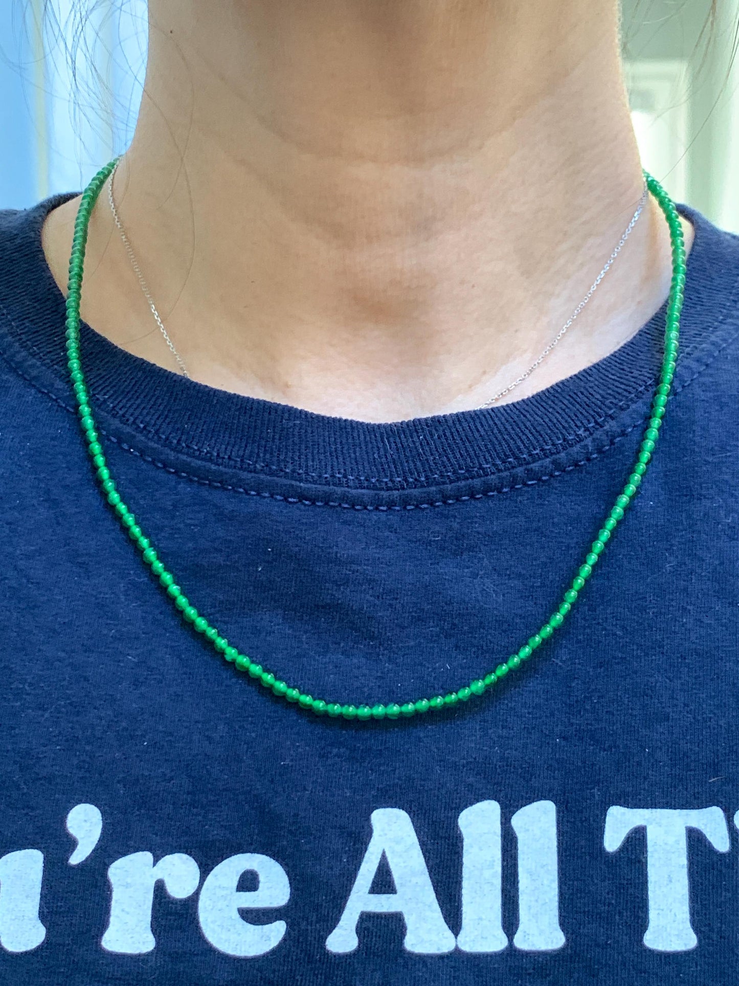 Natural Grade A Guatemalan Icy Vibrant Green Jade Jadeite Petite Beads Beaded Necklace Sterling Silver 3mm 19.75” 10g 天然冰危绿翡翠小圆珠项链 WVL660A
