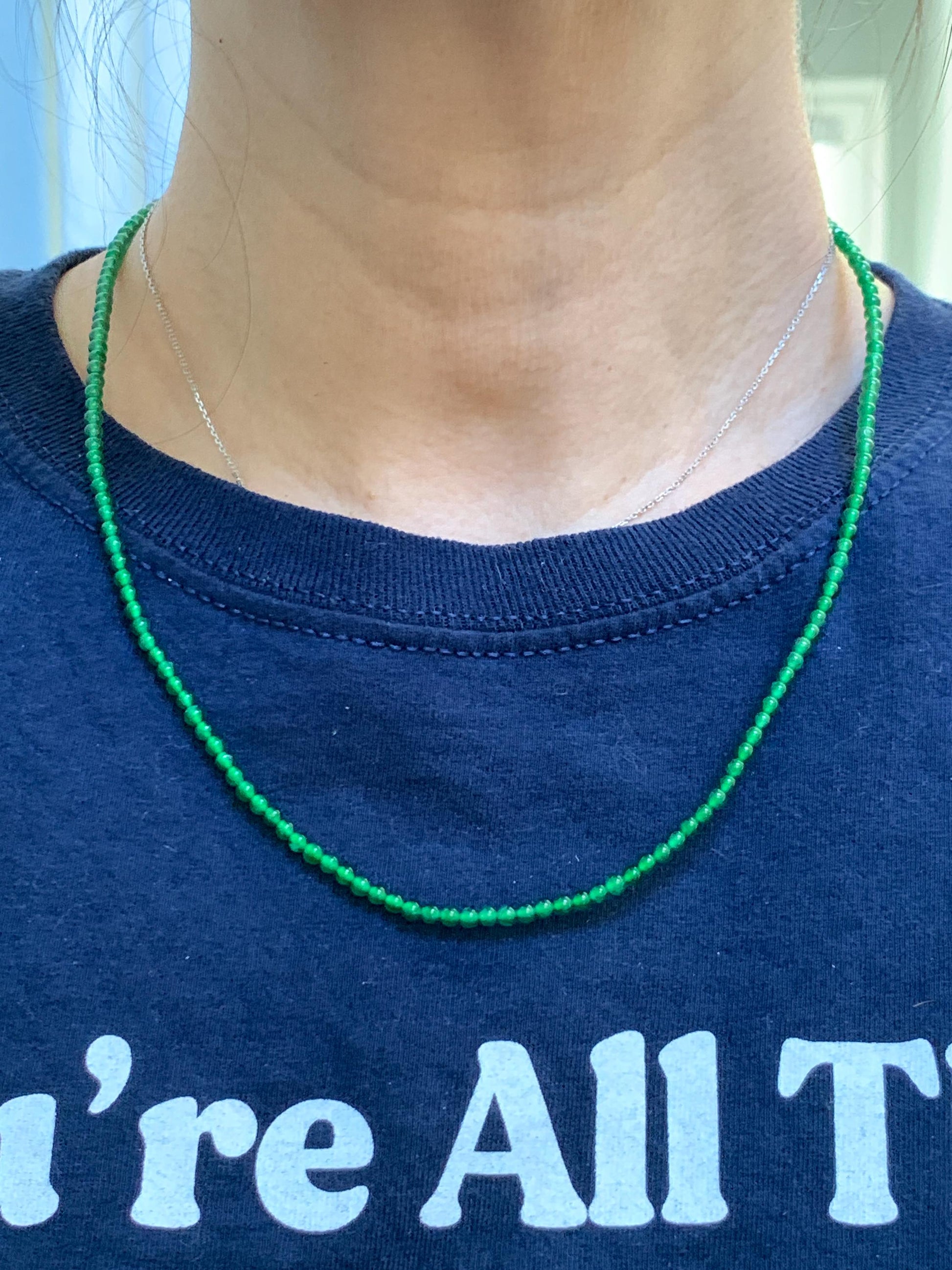 Natural Grade A Guatemalan Icy Vibrant Green Jade Jadeite Petite Beads Beaded Necklace Sterling Silver 3mm 19.75” 10g 天然冰危绿翡翠小圆珠项链 WVL660A