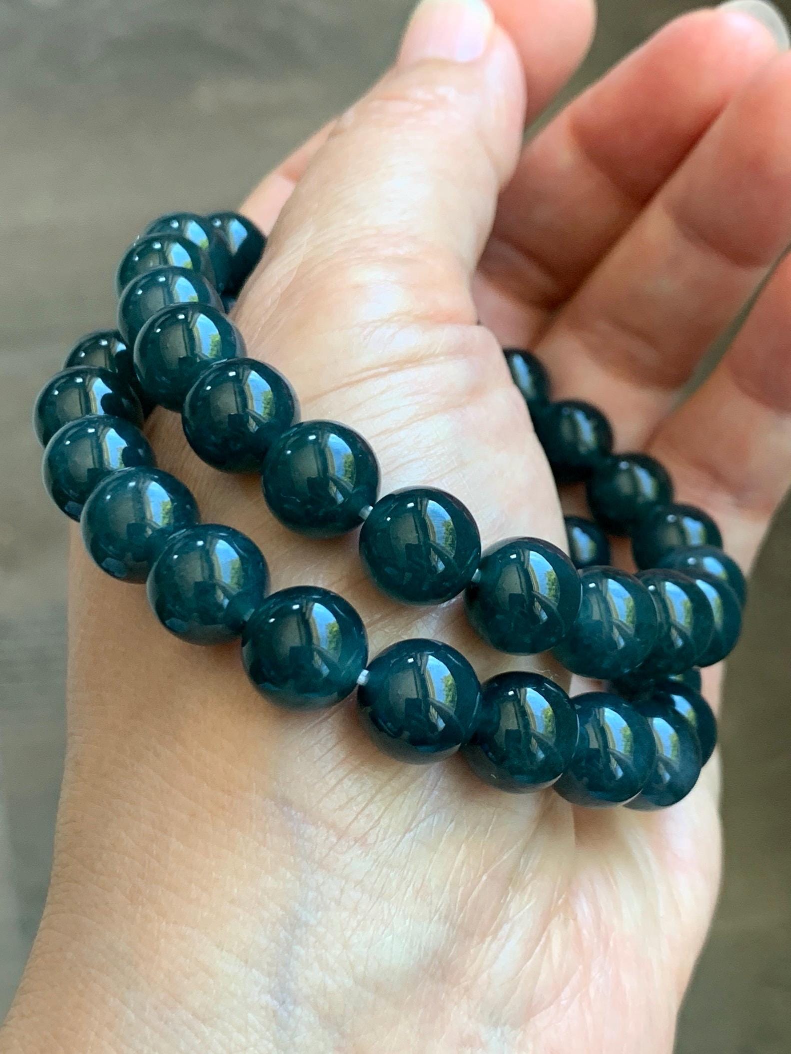 Natural Guatemalan Grade A Icy Translucent Dark Teal Blue Jade Jadeite Beaded Bracelet Stretchy 9.8mm 7.25” 32g 天然冰危深蓝绿翡翠圆珠手串 WSB240