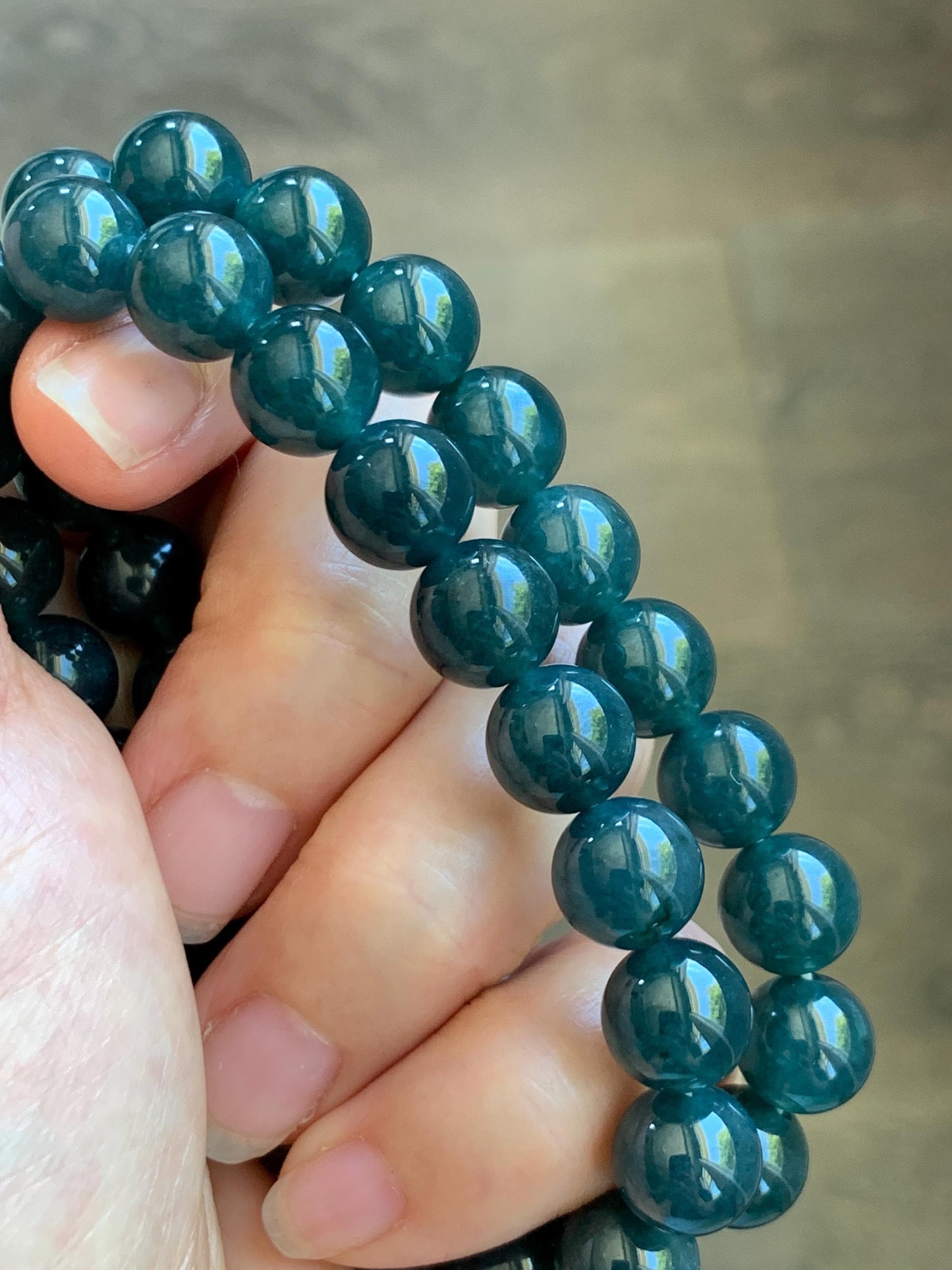 Natural Guatemalan Grade A Icy Translucent Dark Teal Blue Jade Jadeite Beaded Bracelet Stretchy 9.8mm 7.25” 32g 天然冰危深蓝绿翡翠圆珠手串 WSB240