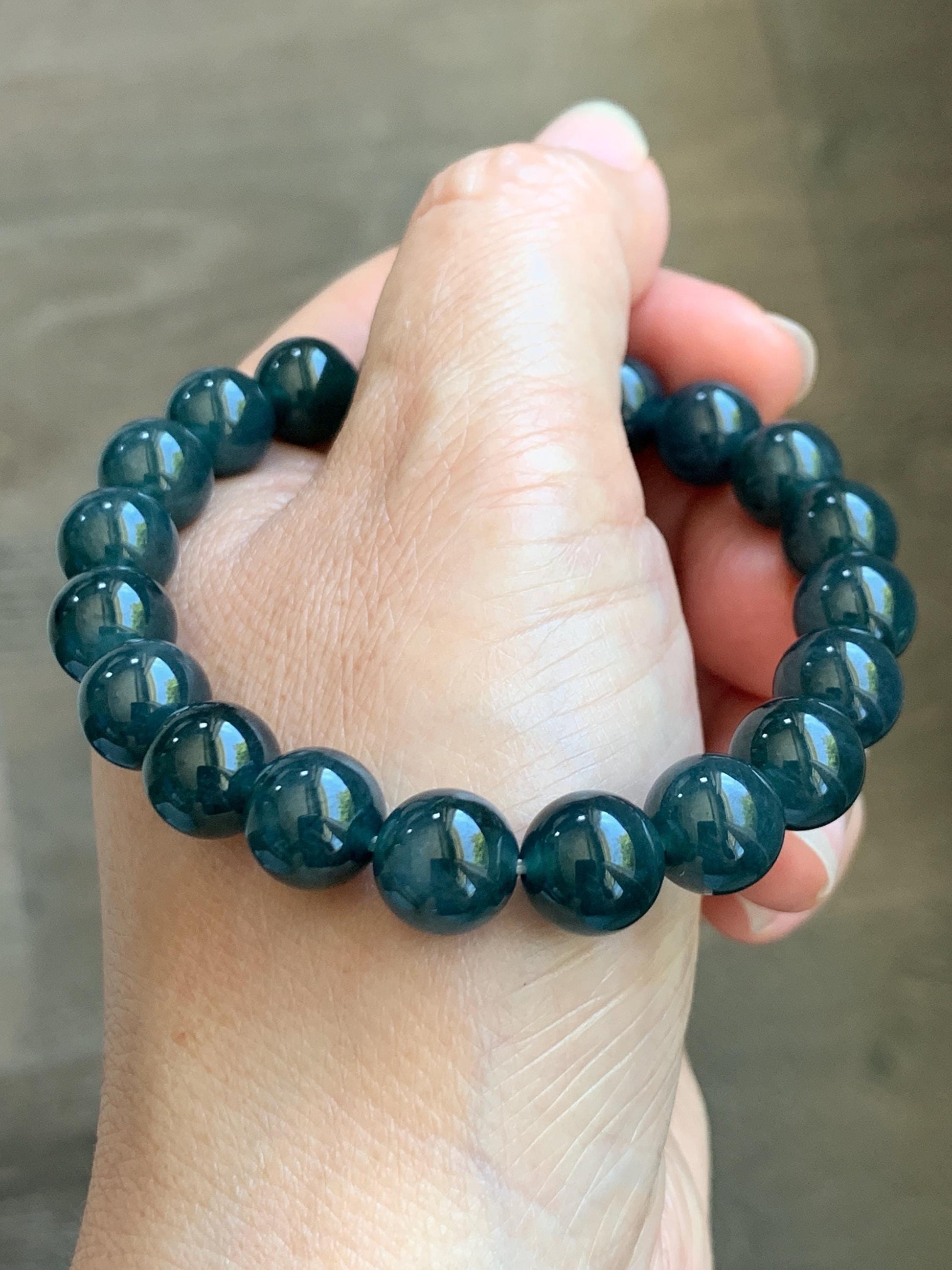 Natural Guatemalan Grade A Icy Translucent Dark Teal Blue Jade Jadeite Beaded Bracelet Stretchy 9.8mm 7.25” 32g 天然冰危深蓝绿翡翠圆珠手串 WSB240