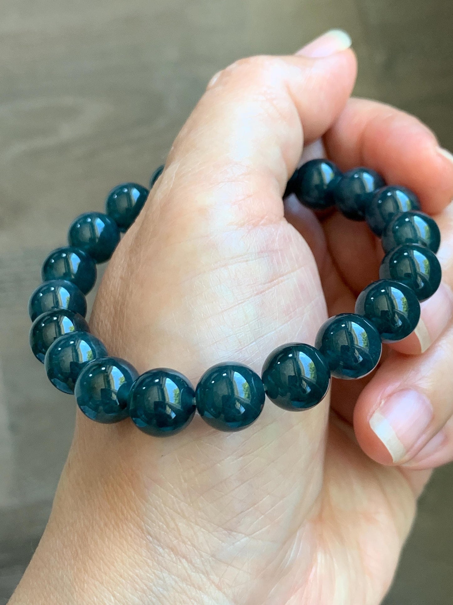 Natural Guatemalan Grade A Icy Translucent Dark Teal Blue Jade Jadeite Beaded Bracelet Stretchy 9.8mm 7.25” 32g 天然冰危深蓝绿翡翠圆珠手串 WSB240