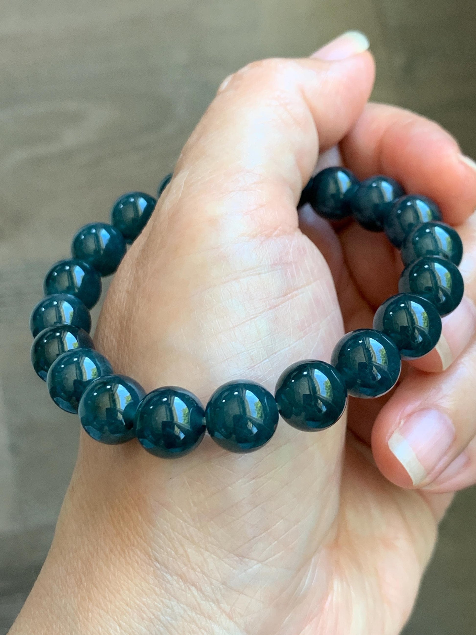 Natural Guatemalan Grade A Icy Translucent Dark Teal Blue Jade Jadeite Beaded Bracelet Stretchy 9.8mm 7.25” 32g 天然冰危深蓝绿翡翠圆珠手串 WSB240