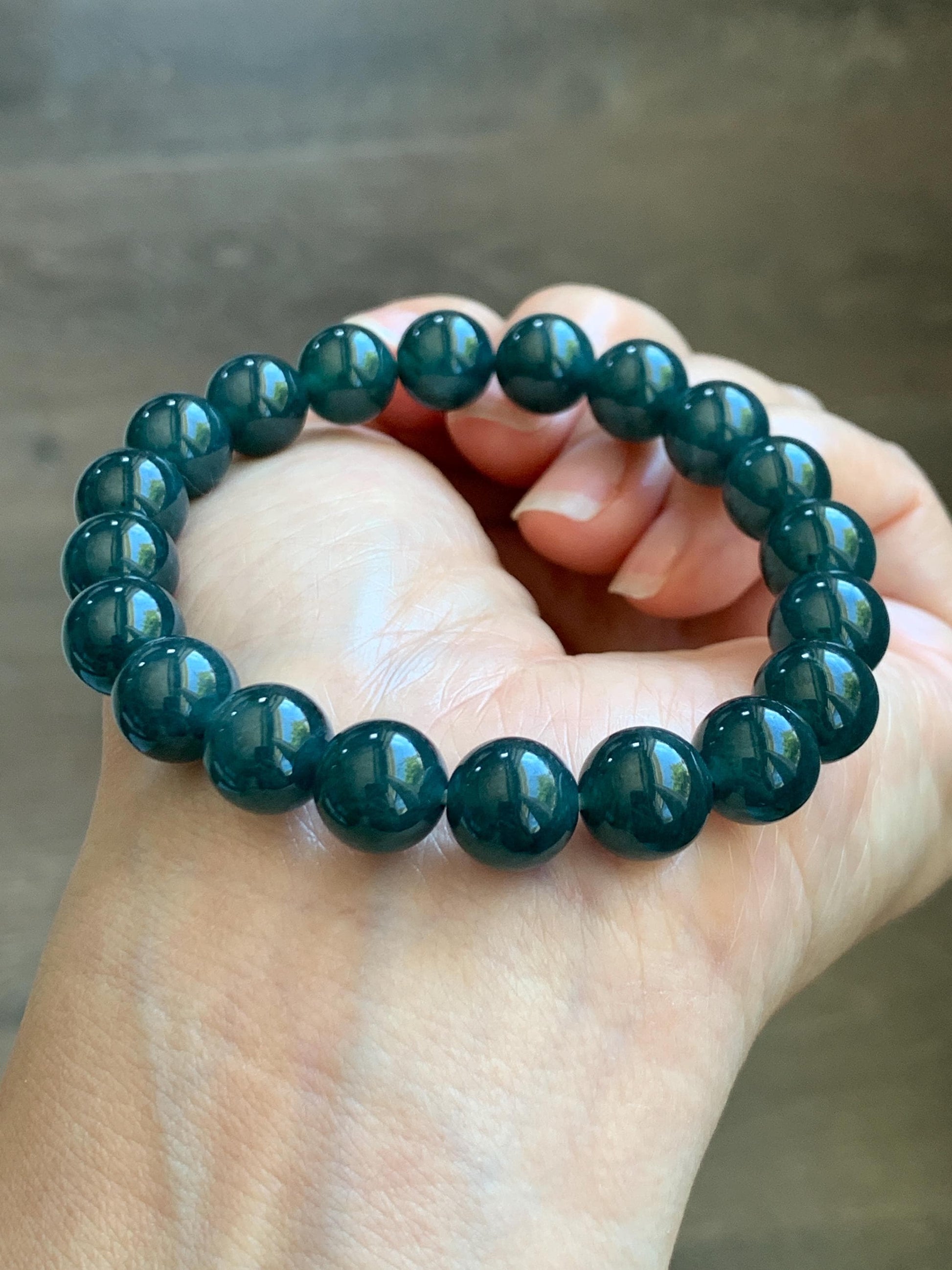 Natural Guatemalan Grade A Icy Translucent Dark Teal Blue Jade Jadeite Beaded Bracelet Stretchy 9.8mm 7.25” 32g 天然冰危深蓝绿翡翠圆珠手串 WSB240