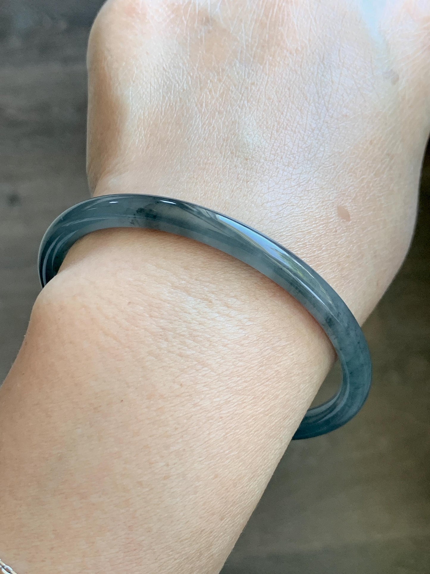 Certified Natural Grade A Guatemalan Icy Translucent Grayish Blue Wuji Marbled Jade Jadeite Bangle Bracelet 59mm 7.3” 天然冰危蓝灰乌鸡细圆条翡翠手镯 191