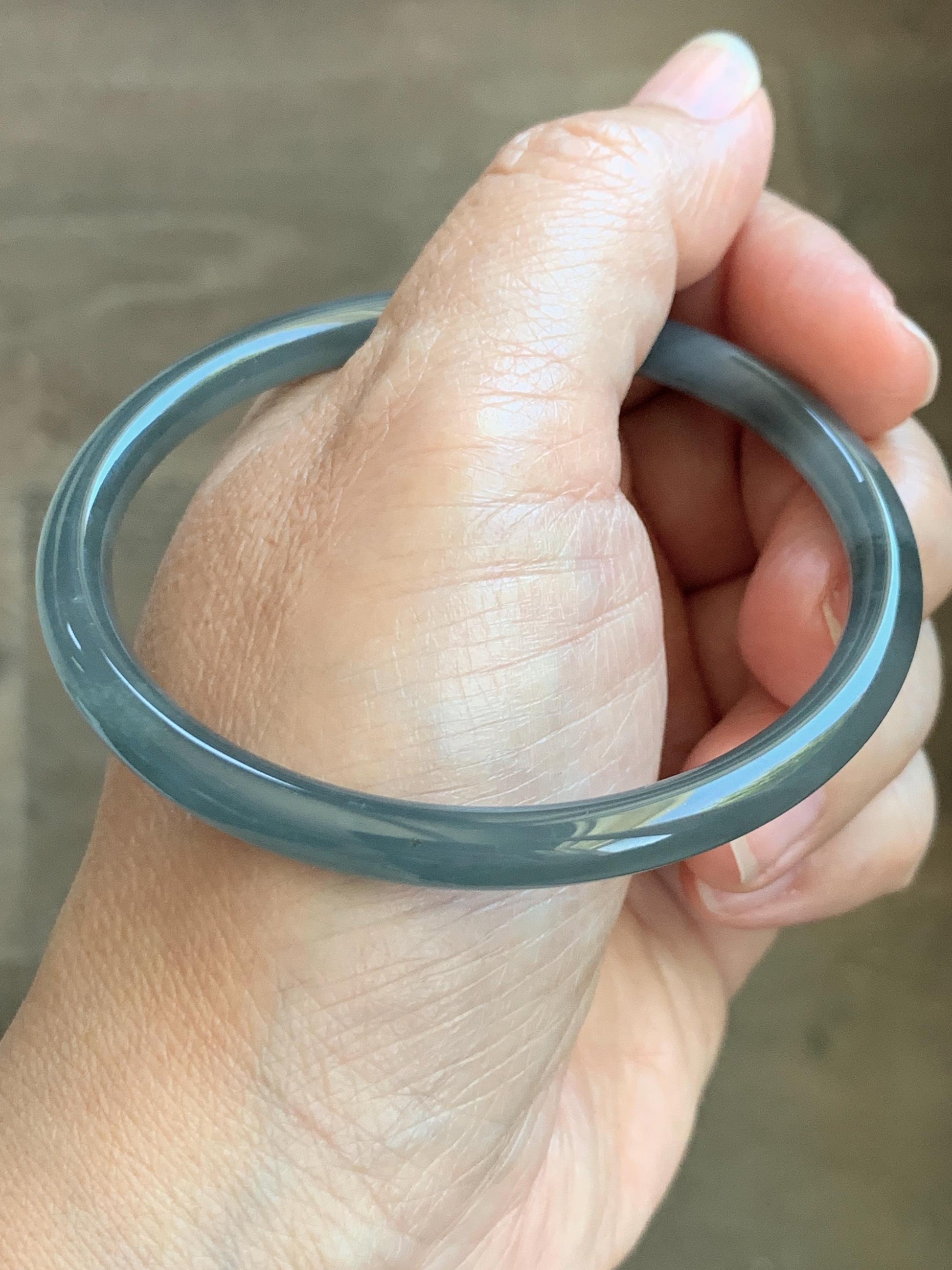 Certified Natural Grade A Guatemalan Icy Translucent Grayish Blue Wuji Marbled Jade Jadeite Bangle Bracelet 59mm 7.3” 天然冰危蓝灰乌鸡细圆条翡翠手镯 191