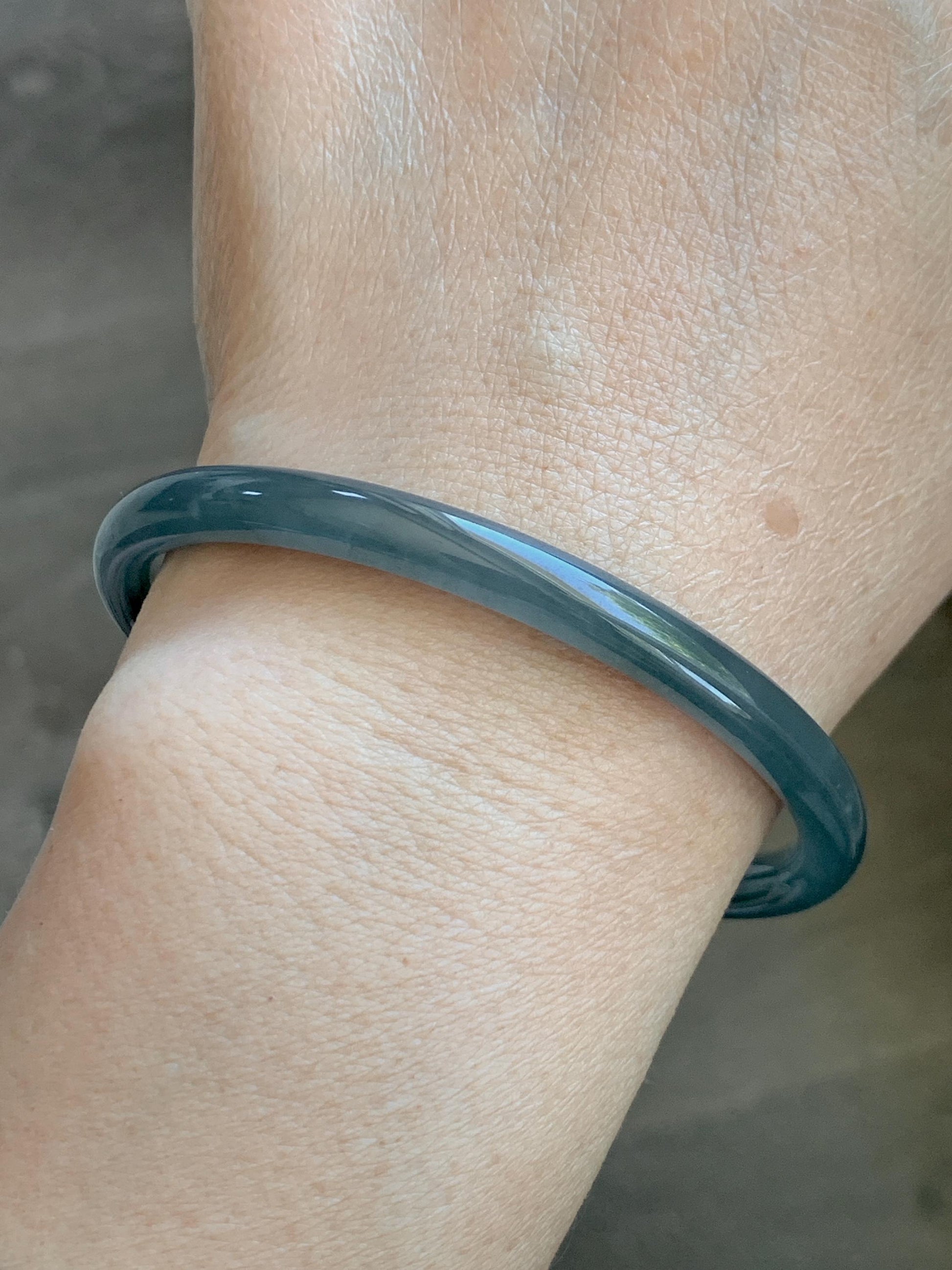 Certified Natural Grade A Guatemalan Icy Translucent Grayish Blue Wuji Marbled Jade Jadeite Bangle Bracelet 59mm 7.3” 天然冰危蓝灰乌鸡细圆条翡翠手镯 191
