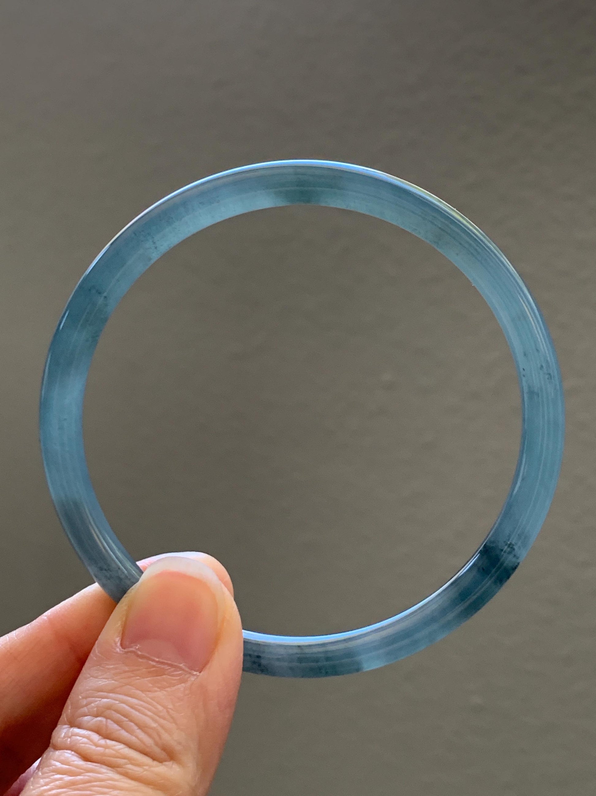 Certified Natural Grade A Guatemalan Icy Translucent Grayish Blue Wuji Marbled Jade Jadeite Bangle Bracelet 59mm 7.3” 天然冰危蓝灰乌鸡细圆条翡翠手镯 191