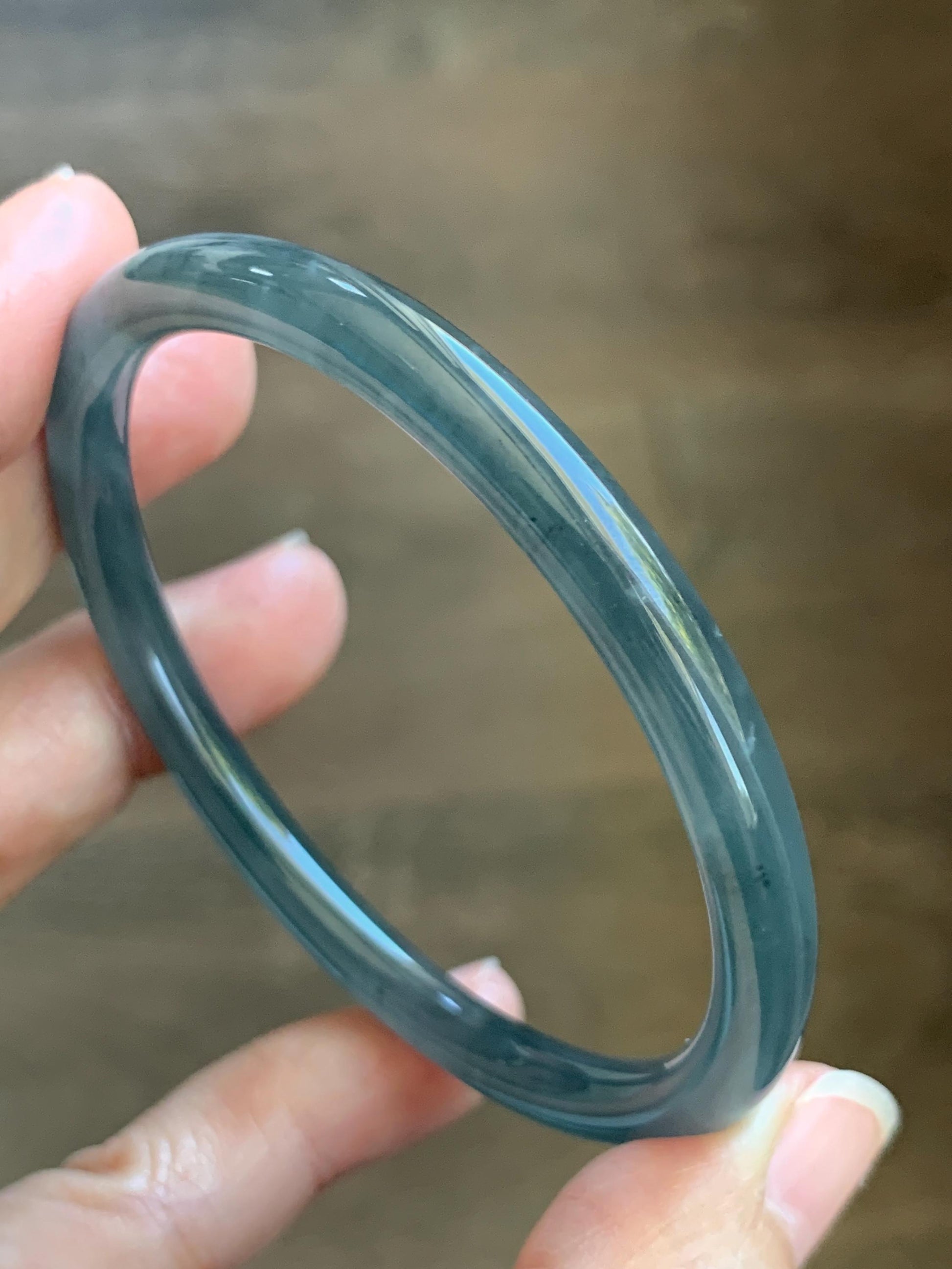 Certified Natural Grade A Guatemalan Icy Translucent Grayish Blue Wuji Marbled Jade Jadeite Bangle Bracelet 57.13mm 7” 天然冰危蓝灰乌鸡细圆条翡翠手镯 190
