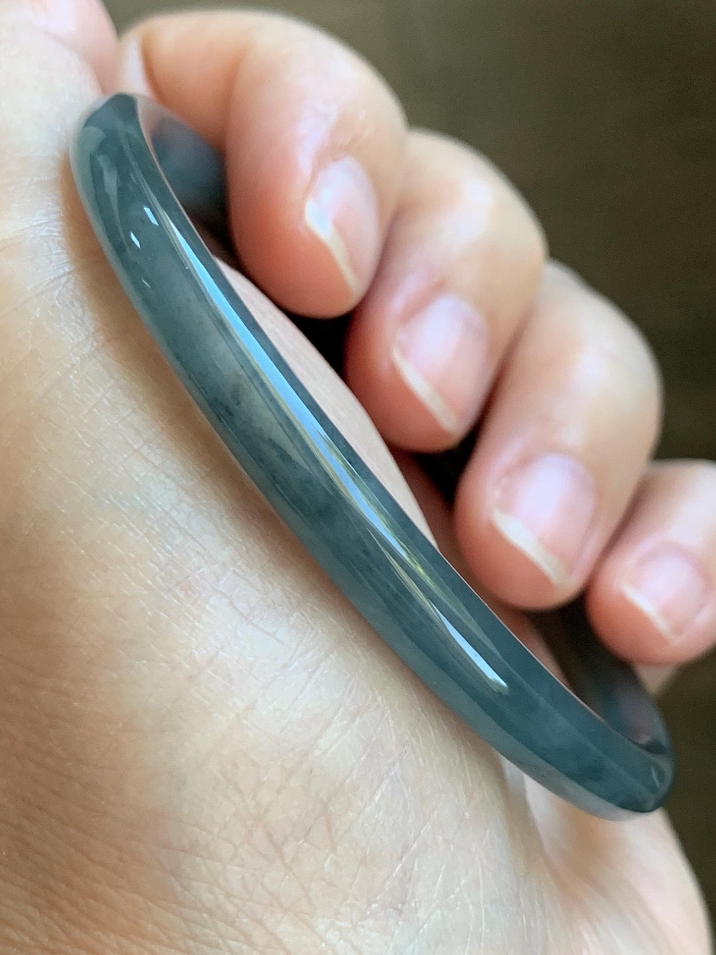 Certified Natural Grade A Guatemalan Icy Translucent Grayish Blue Wuji Marbled Jade Jadeite Bangle Bracelet 57.13mm 7” 天然冰危蓝灰乌鸡细圆条翡翠手镯 190