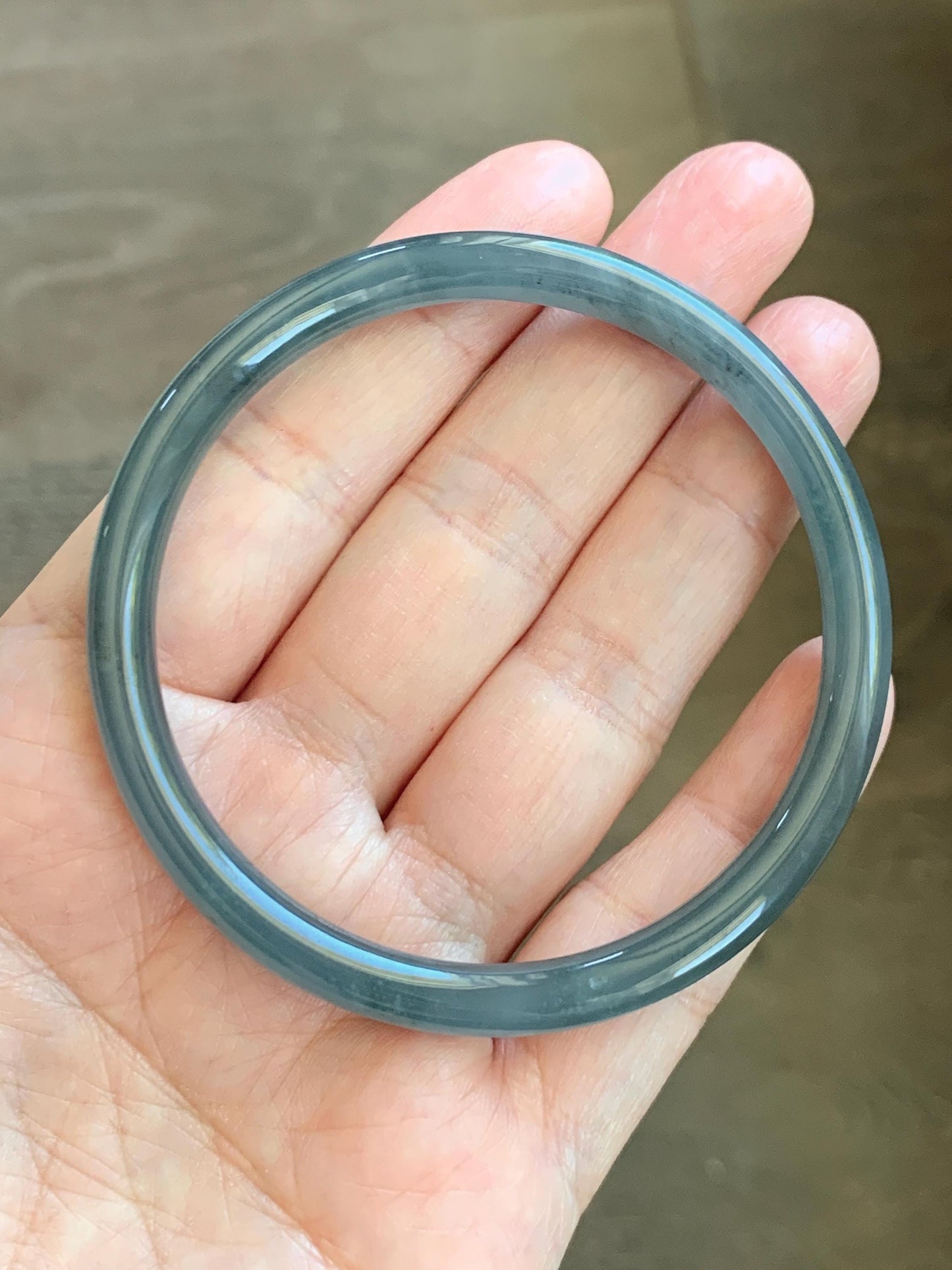 Certified Natural Grade A Guatemalan Icy Translucent Grayish Blue Wuji Marbled Jade Jadeite Bangle Bracelet 57.13mm 7” 天然冰危蓝灰乌鸡细圆条翡翠手镯 190