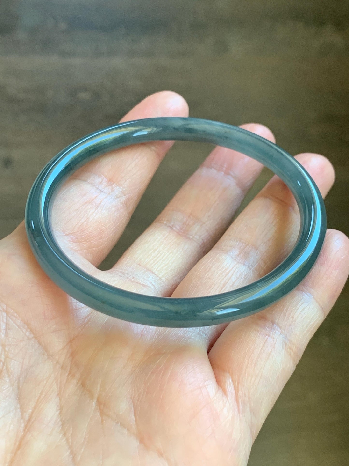 Certified Natural Grade A Guatemalan Icy Translucent Grayish Blue Wuji Marbled Jade Jadeite Bangle Bracelet 57.13mm 7” 天然冰危蓝灰乌鸡细圆条翡翠手镯 190