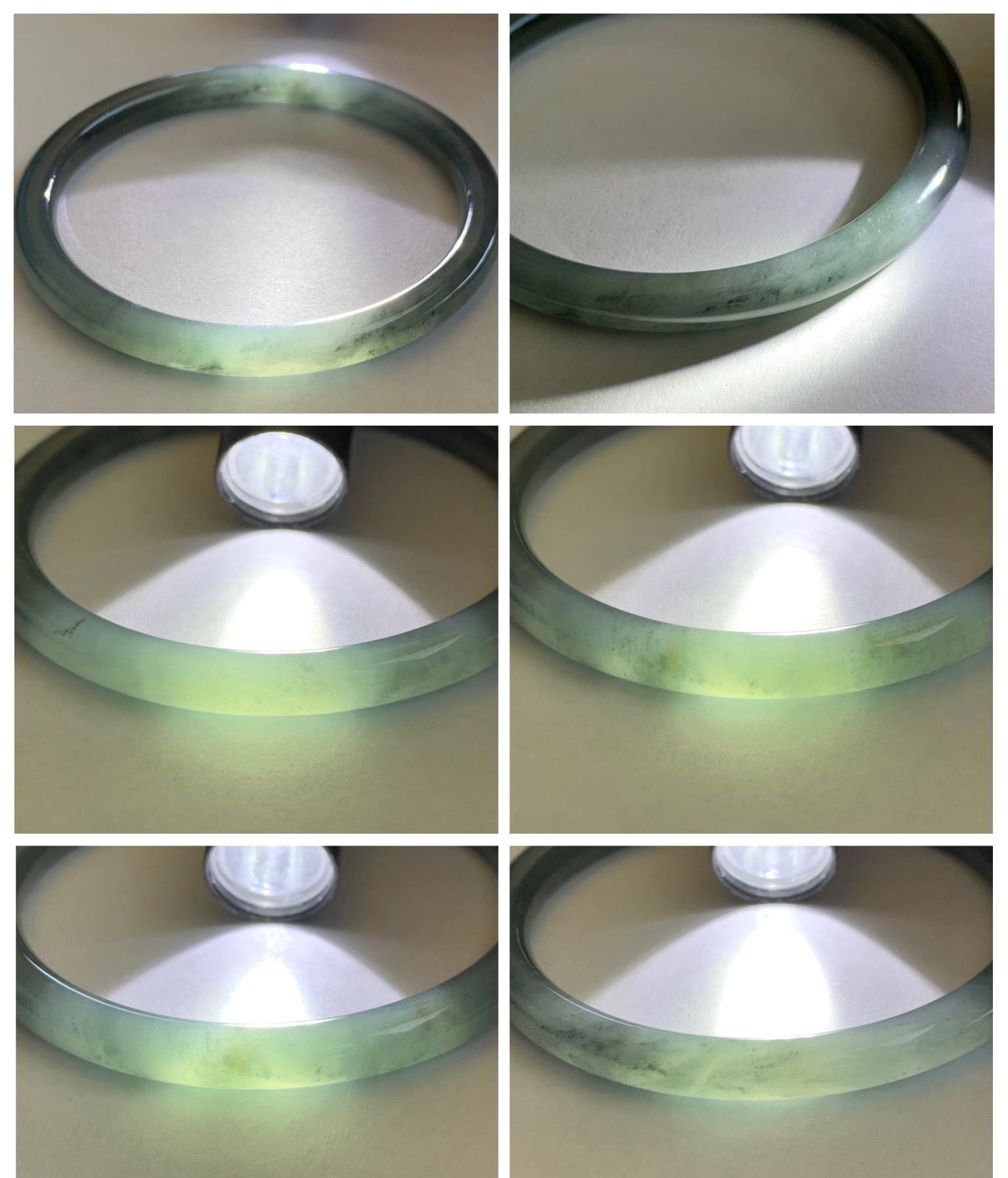 Certified Natural Grade A Guatemalan Icy Translucent Grayish Blue Wuji Marbled Jade Jadeite Bangle Bracelet 55.16mm 6.8” 天然冰危蓝灰乌鸡细圆条翡翠手镯 192