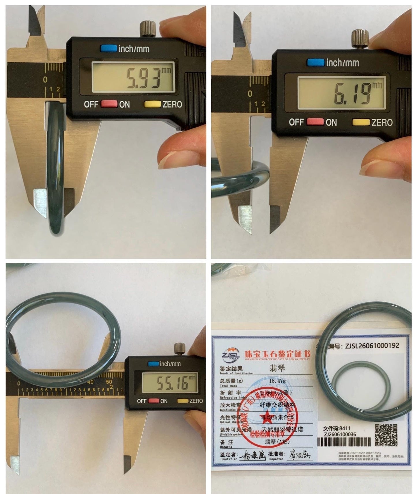 Certified Natural Grade A Guatemalan Icy Translucent Grayish Blue Wuji Marbled Jade Jadeite Bangle Bracelet 55.16mm 6.8” 天然冰危蓝灰乌鸡细圆条翡翠手镯 192