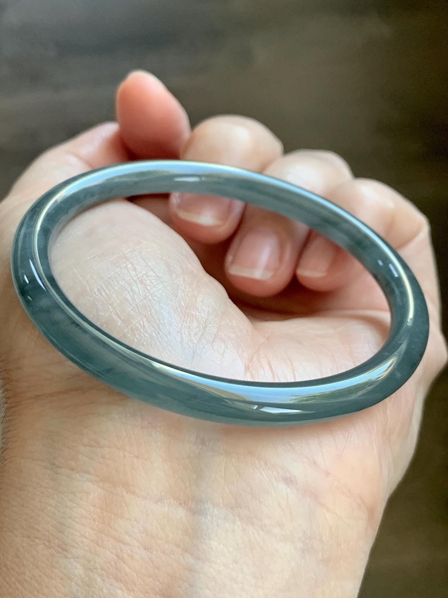 Certified Natural Grade A Guatemalan Icy Translucent Grayish Blue Wuji Marbled Jade Jadeite Bangle Bracelet 55.16mm 6.8” 天然冰危蓝灰乌鸡细圆条翡翠手镯 192