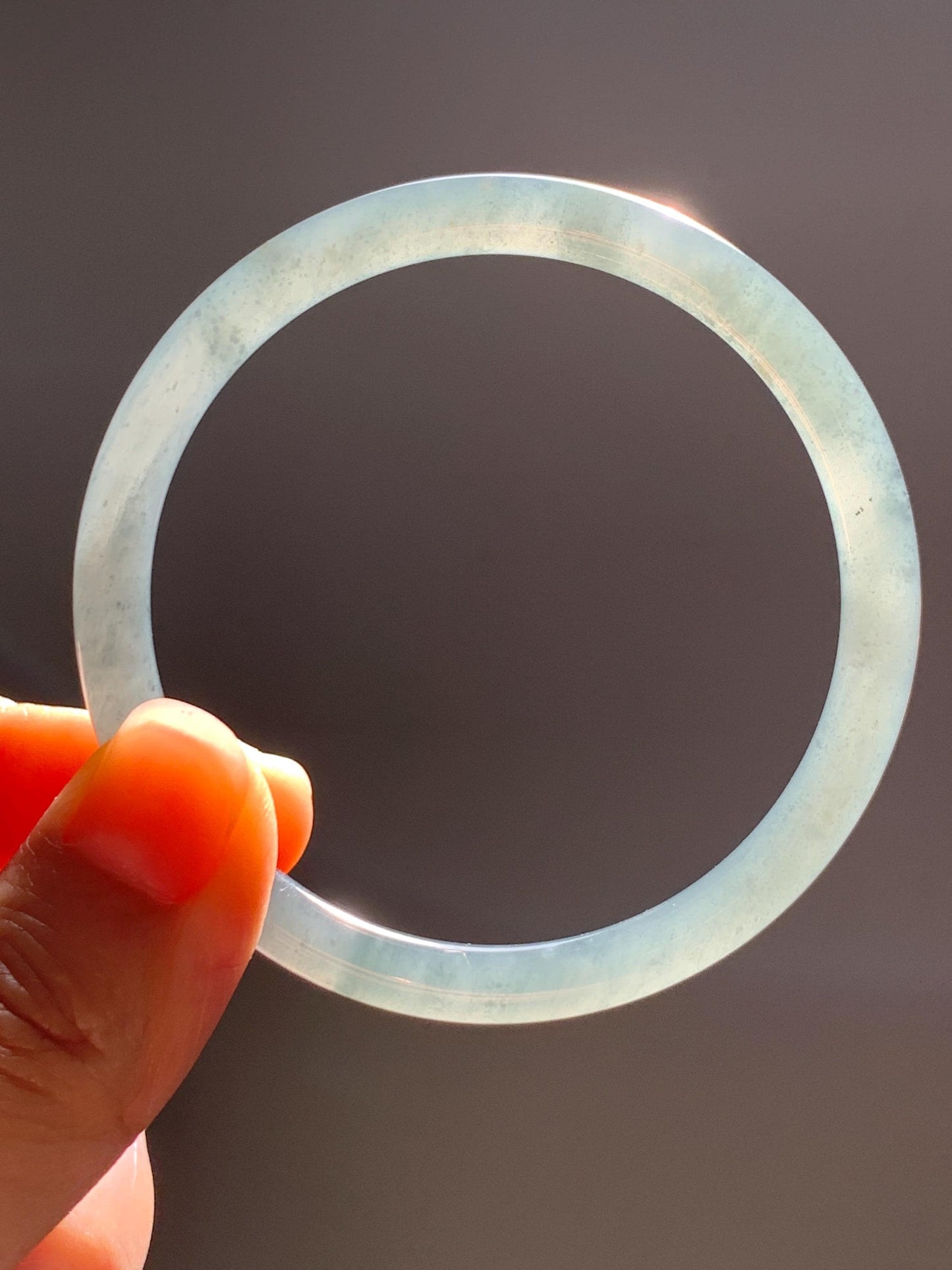 Certified Natural Grade A Guatemalan Icy Translucent Grayish Blue Wuji Marbled Jade Jadeite Bangle Bracelet 55.16mm 6.8” 天然冰危蓝灰乌鸡细圆条翡翠手镯 192