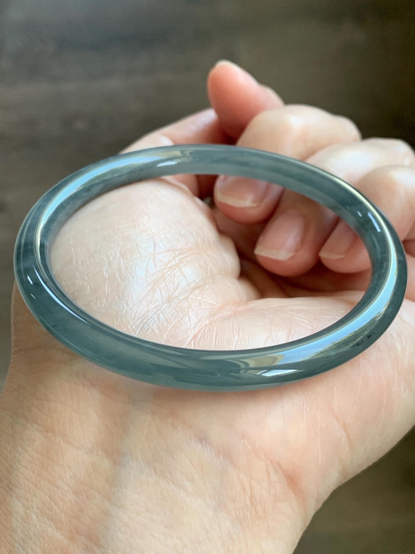 Certified Natural Grade A Guatemalan Icy Translucent Grayish Blue Wuji Marbled Jade Jadeite Bangle Bracelet 55.16mm 6.8” 天然冰危蓝灰乌鸡细圆条翡翠手镯 192