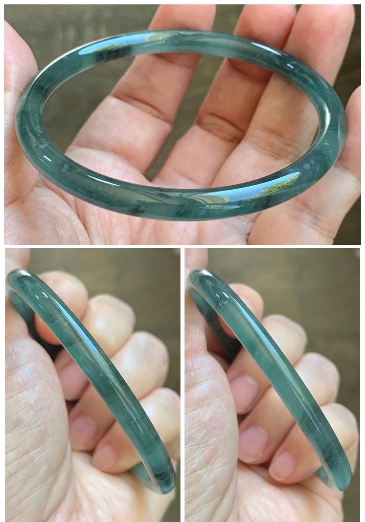 Certified Natural Grade A Guatemalan Icy Translucent Dusty Teal Green Wuji Jade Jadeite Slim Bangle 60.37mm 7.46” 19g 天然冰胶危蓝绿乌鸡翡翠细圆条手镯 213