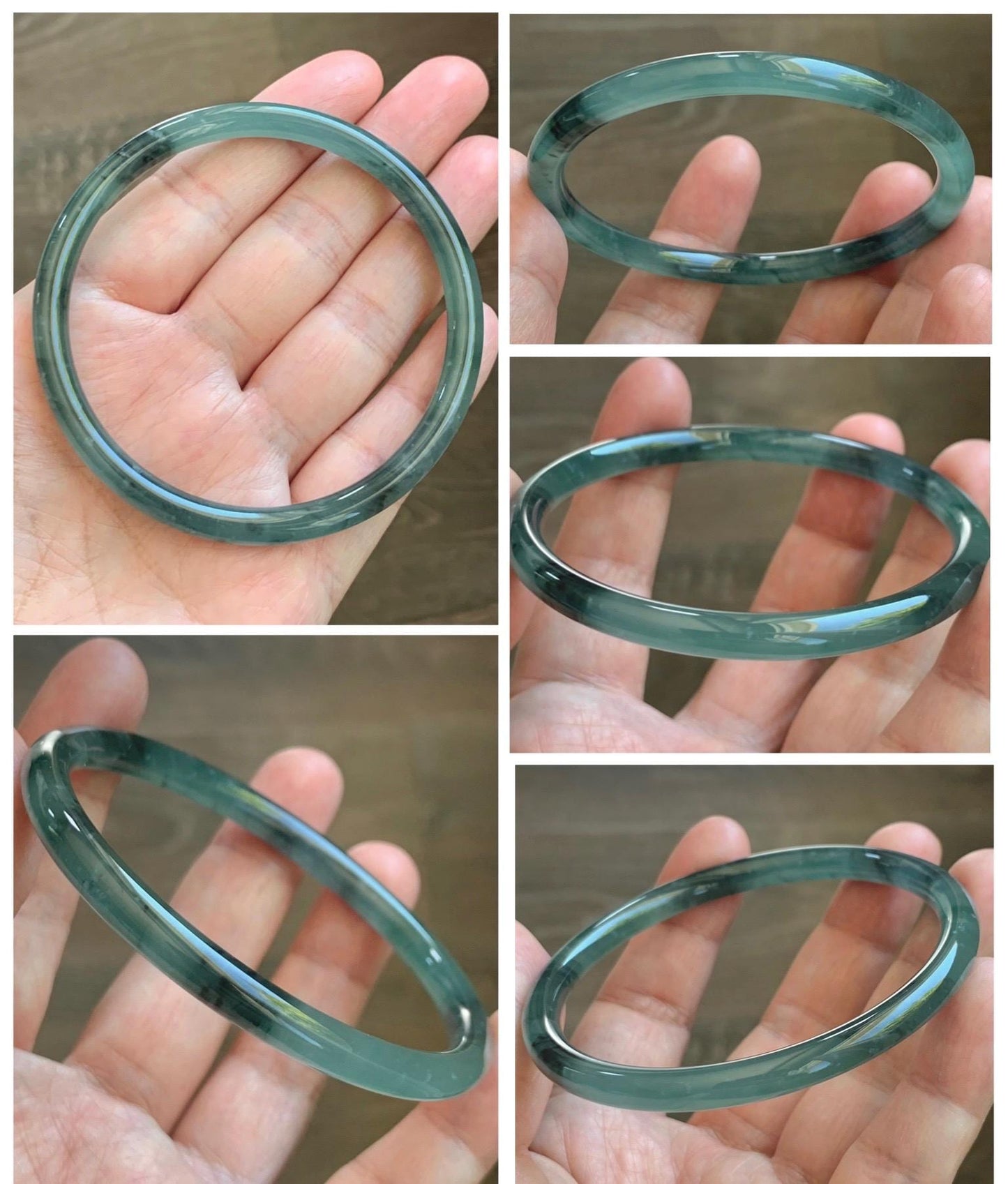 Certified Natural Grade A Guatemalan Icy Translucent Dusty Teal Green Wuji Jade Jadeite Slim Bangle 60.37mm 7.46” 19g 天然冰胶危蓝绿乌鸡翡翠细圆条手镯 213