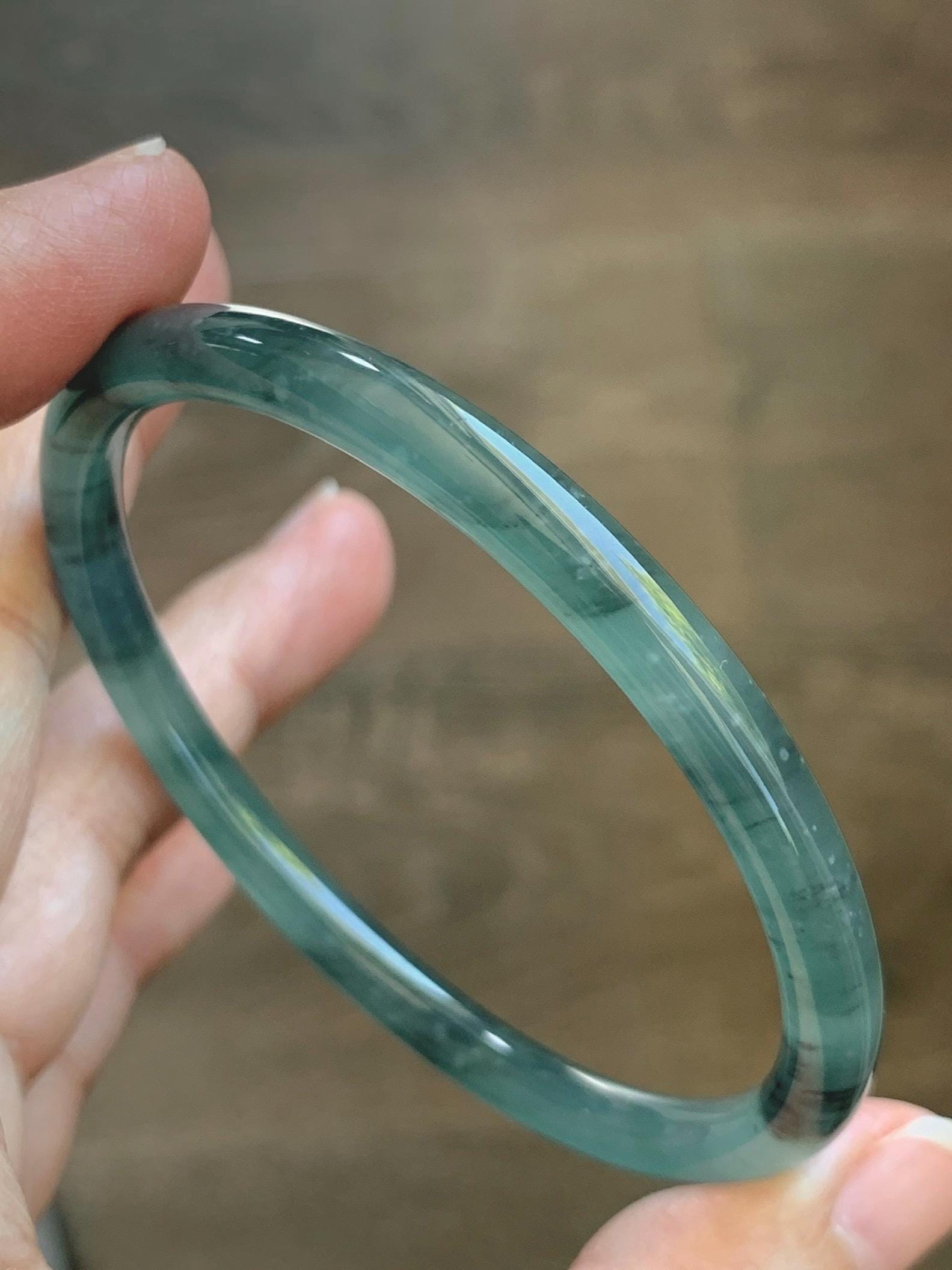 Certified Natural Grade A Guatemalan Icy Translucent Dusty Teal Green Wuji Jade Jadeite Slim Bangle 60.37mm 7.46” 19g 天然冰胶危蓝绿乌鸡翡翠细圆条手镯 213