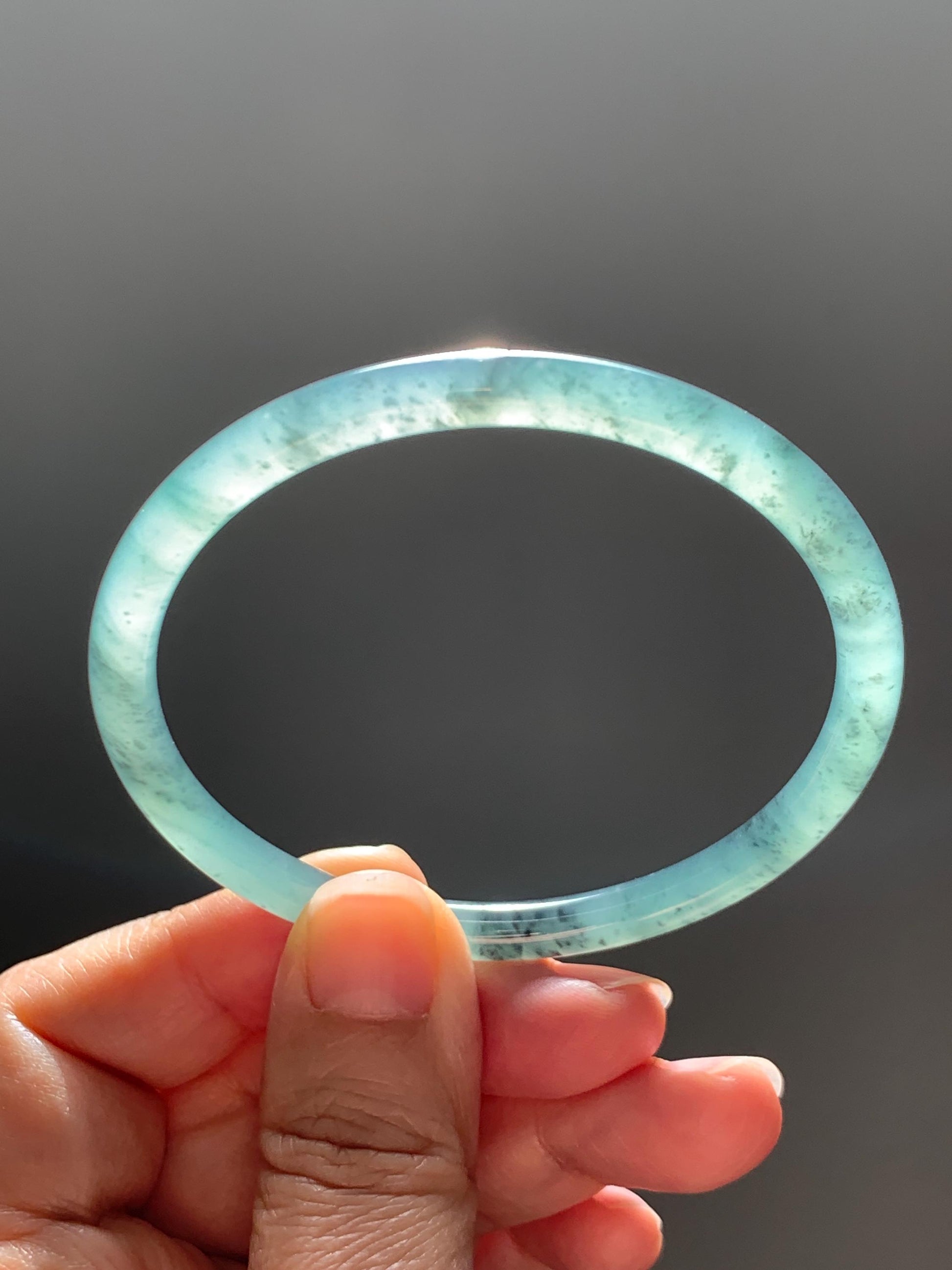Certified Natural Grade A Guatemalan Icy Translucent Dusty Teal Green Wuji Jade Jadeite Slim Bangle 60.37mm 7.46” 19g 天然冰胶危蓝绿乌鸡翡翠细圆条手镯 213