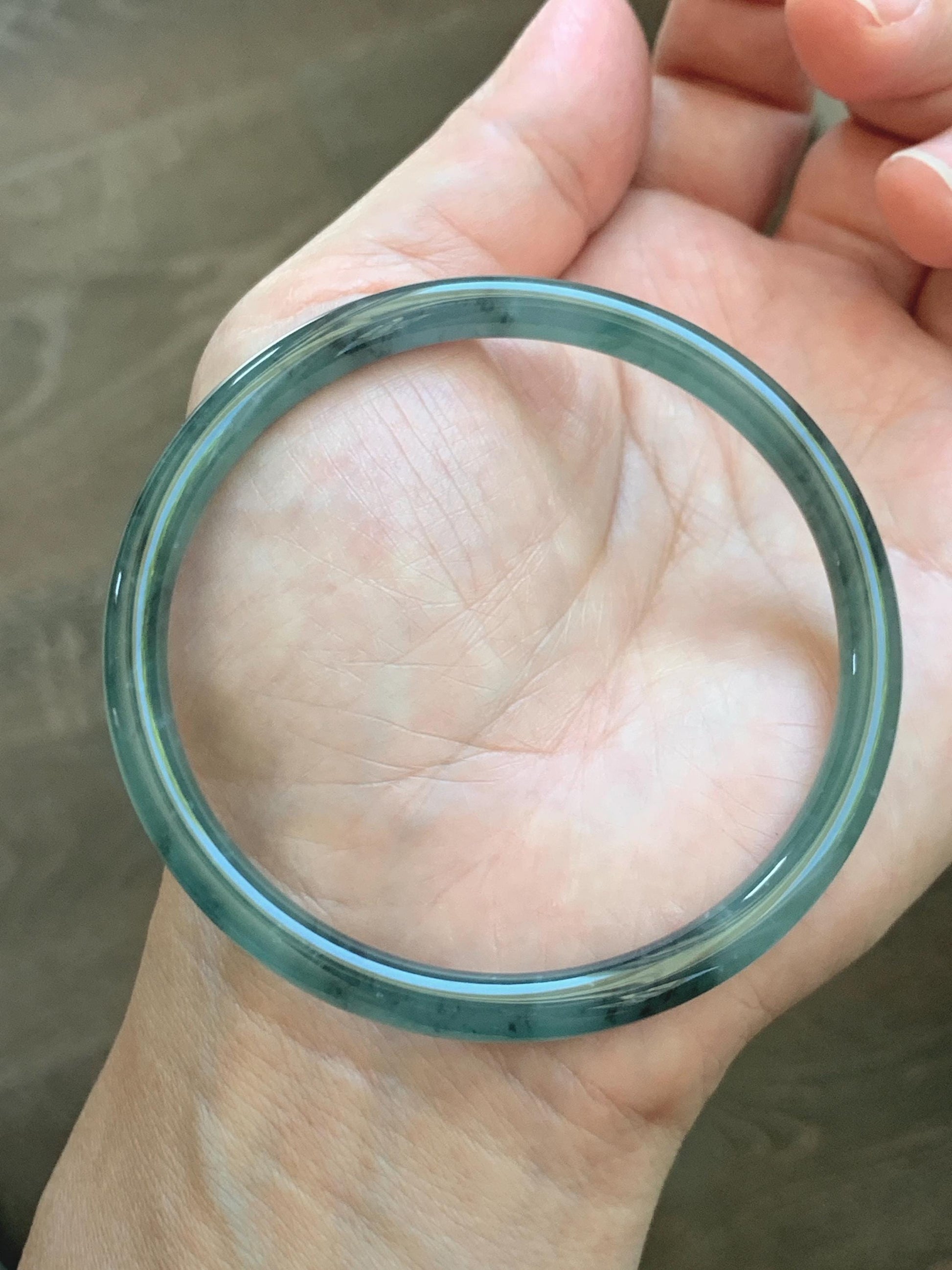 Certified Natural Grade A Guatemalan Icy Translucent Dusty Teal Green Wuji Jade Jadeite Slim Bangle 60.37mm 7.46” 19g 天然冰胶危蓝绿乌鸡翡翠细圆条手镯 213