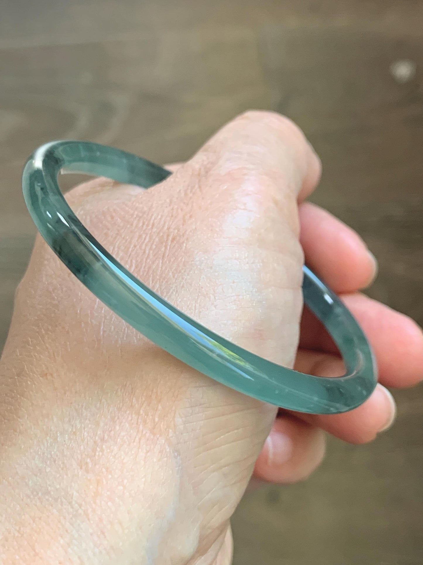 Certified Natural Grade A Guatemalan Icy Translucent Dusty Teal Green Wuji Jade Jadeite Slim Bangle 60.37mm 7.46” 19g 天然冰胶危蓝绿乌鸡翡翠细圆条手镯 213
