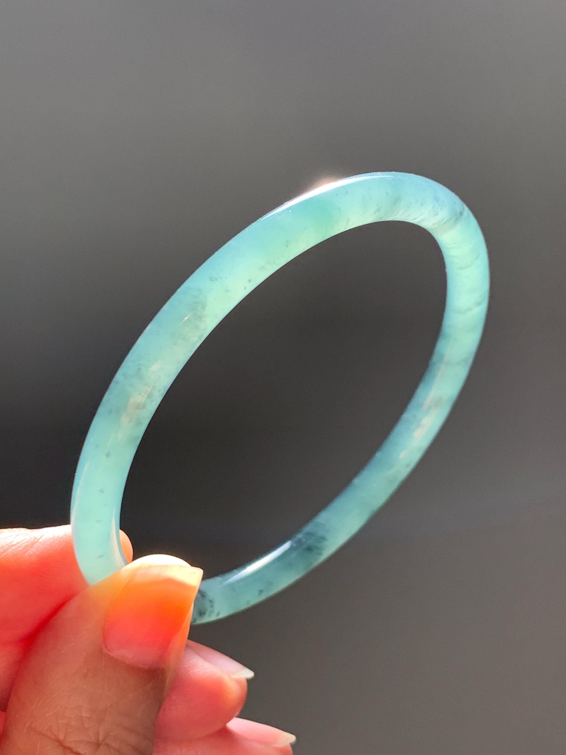 Certified Natural Grade A Guatemalan Icy Translucent Dusty Teal Green Wuji Jade Jadeite Slim Bangle 60.37mm 7.46” 19g 天然冰胶危蓝绿乌鸡翡翠细圆条手镯 213