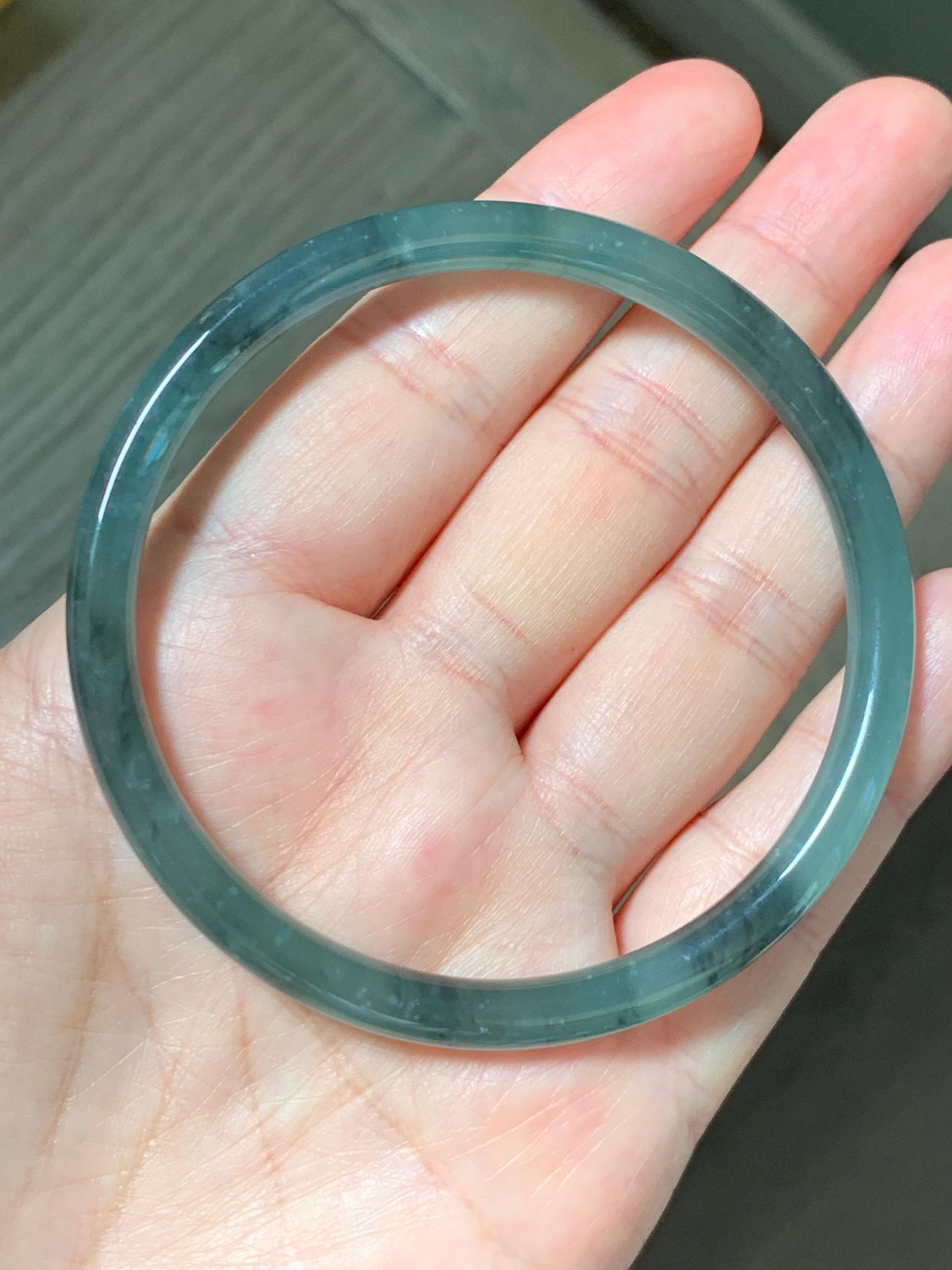 Certified Natural Grade A Guatemalan Icy Translucent Dusty Teal Green Wuji Jade Jadeite Slim Bangle 60.37mm 7.46” 19g 天然冰胶危蓝绿乌鸡翡翠细圆条手镯 213