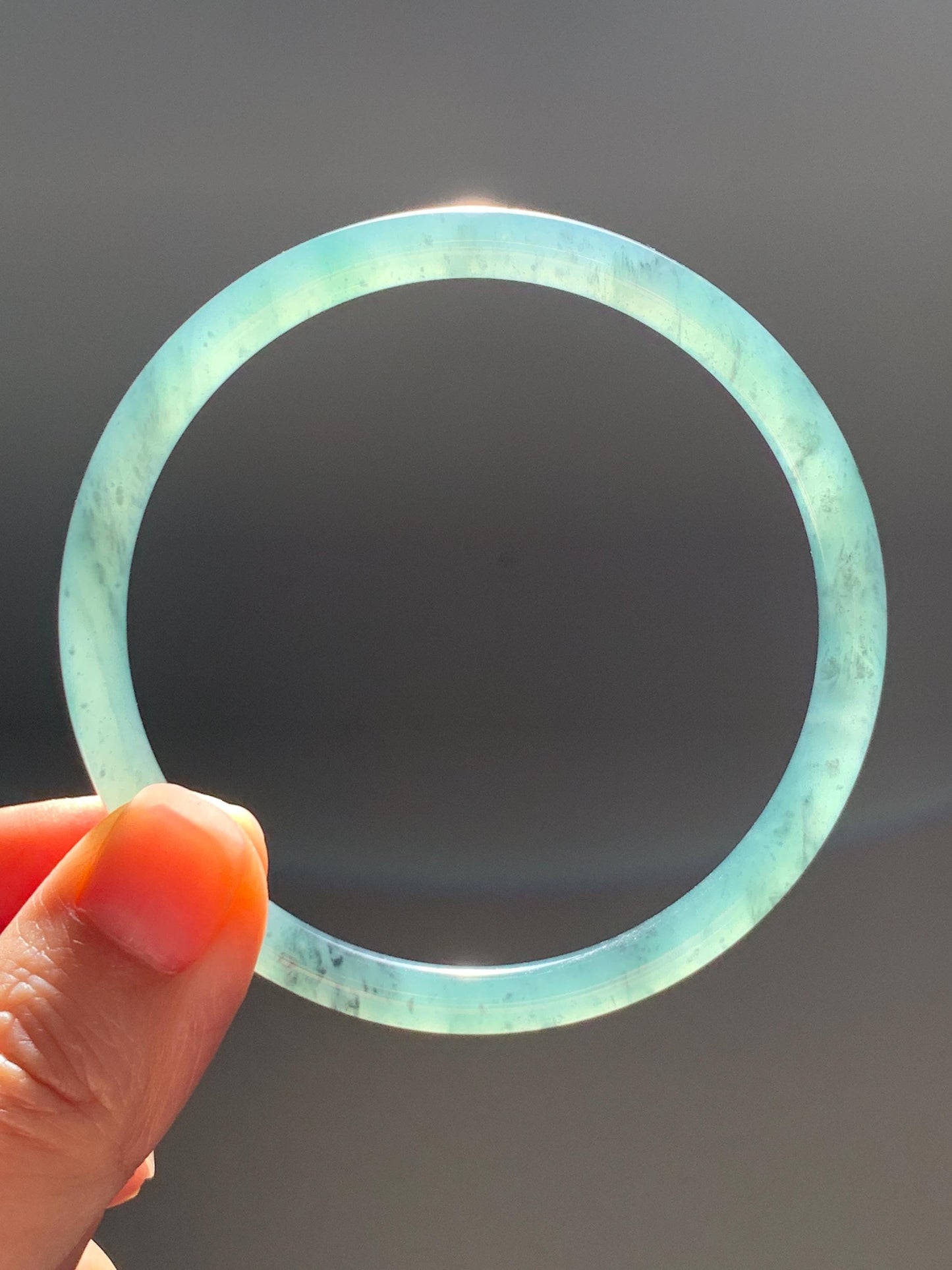 Certified Natural Grade A Guatemalan Icy Translucent Dusty Teal Green Wuji Jade Jadeite Slim Bangle 60.37mm 7.46” 19g 天然冰胶危蓝绿乌鸡翡翠细圆条手镯 213