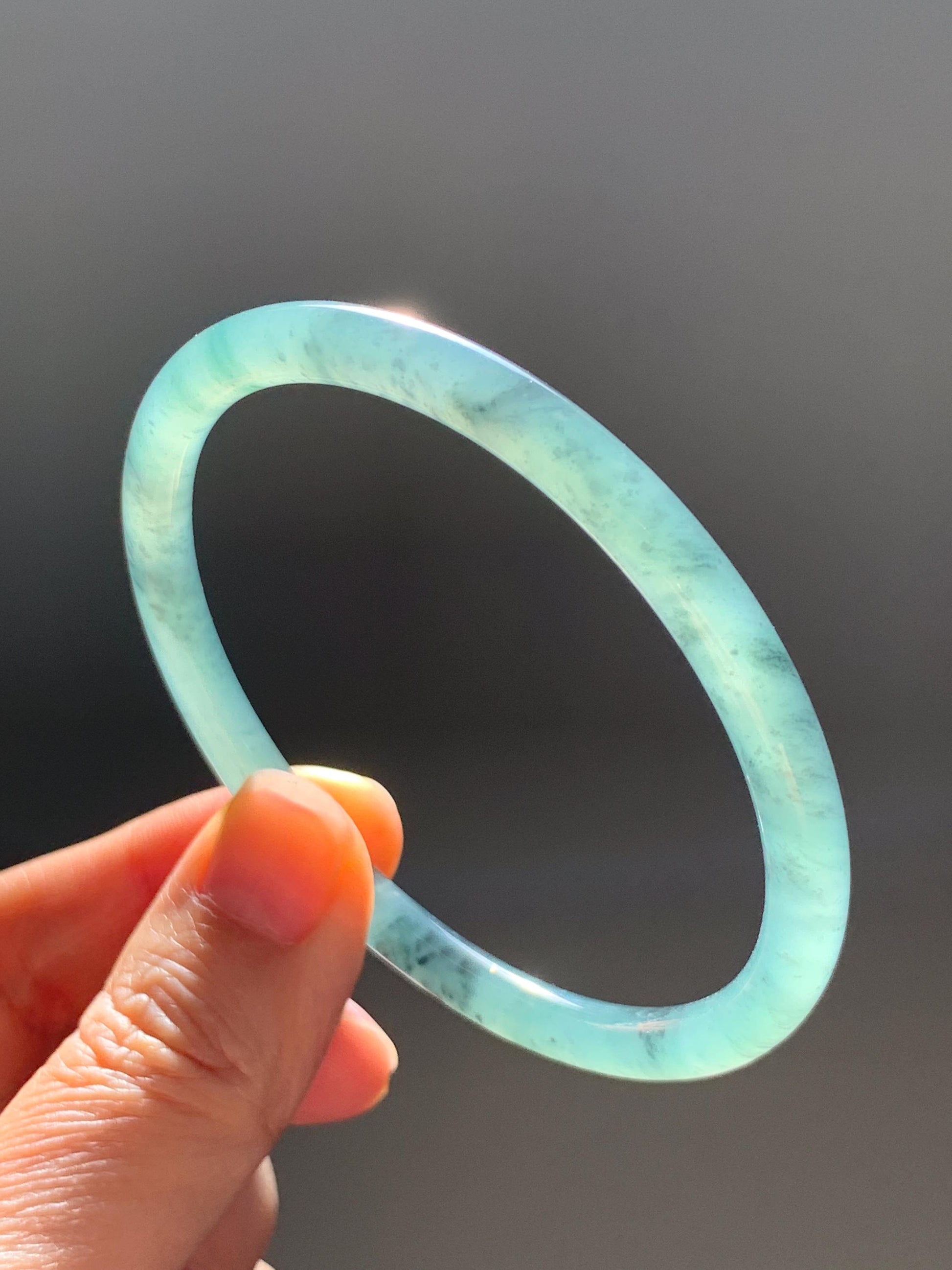 Certified Natural Grade A Guatemalan Icy Translucent Dusty Teal Green Wuji Jade Jadeite Slim Bangle 60.37mm 7.46” 19g 天然冰胶危蓝绿乌鸡翡翠细圆条手镯 213