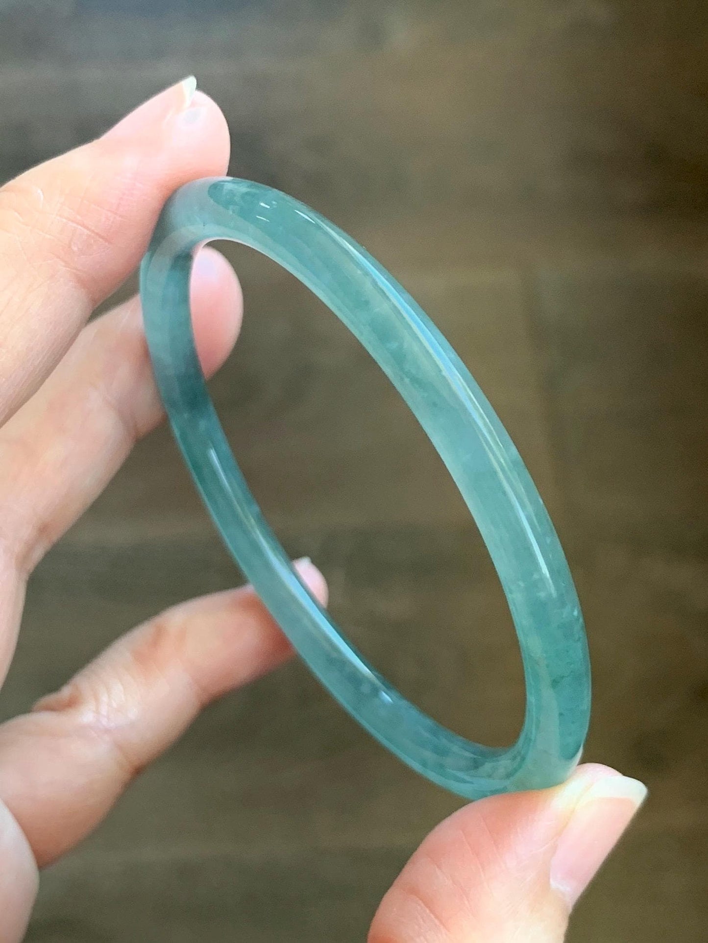 Certified Natural Grade A Guatemalan Icy Highly Translucent Dusty Teal Green Jade Jadeite Slim Bangle 57.57mm 7.11” 16g 天然冰胶危蓝绿翡翠细圆条手镯 206