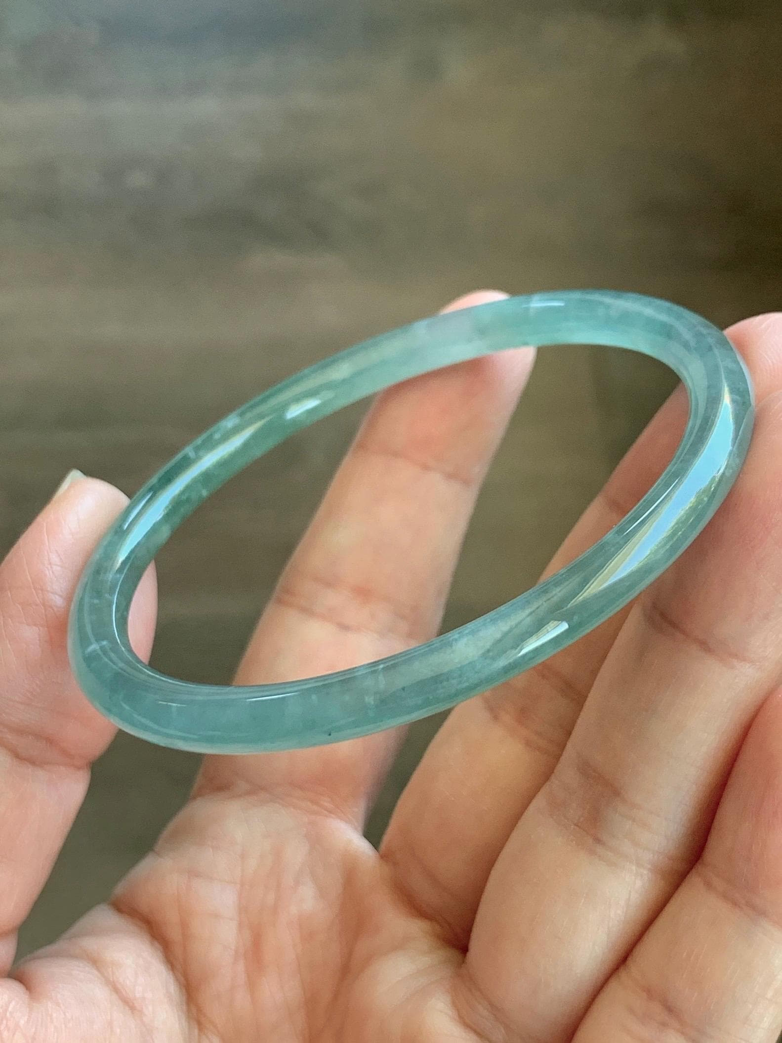 Certified Natural Grade A Guatemalan Icy Highly Translucent Dusty Teal Green Jade Jadeite Slim Bangle 57.57mm 7.11” 16g 天然冰胶危蓝绿翡翠细圆条手镯 206
