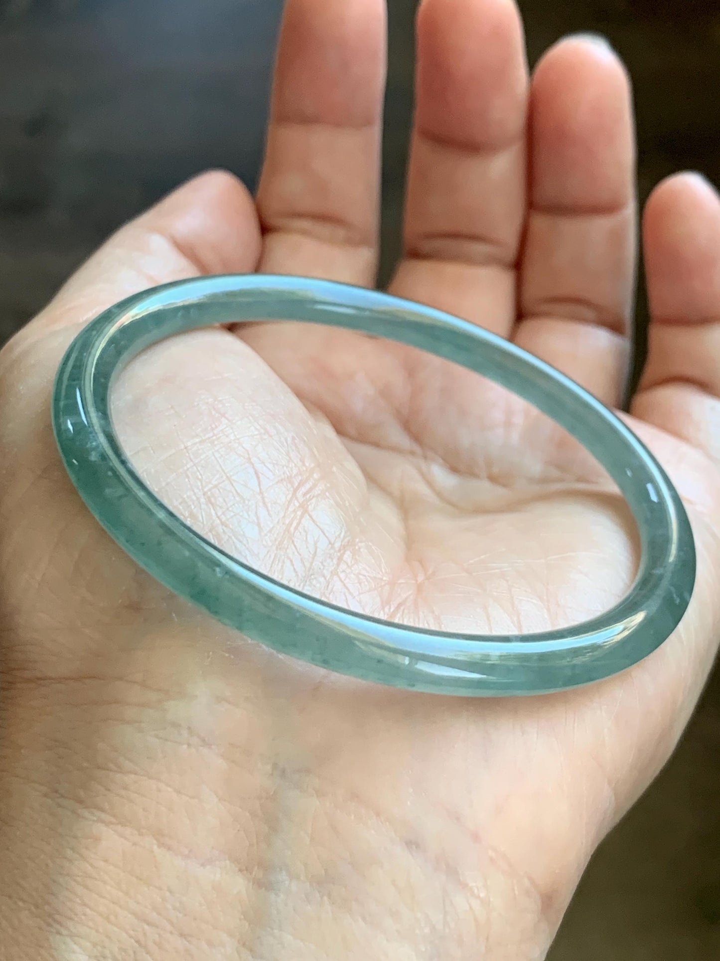 Certified Natural Grade A Guatemalan Icy Highly Translucent Dusty Teal Green Jade Jadeite Slim Bangle 57.57mm 7.11” 16g 天然冰胶危蓝绿翡翠细圆条手镯 206