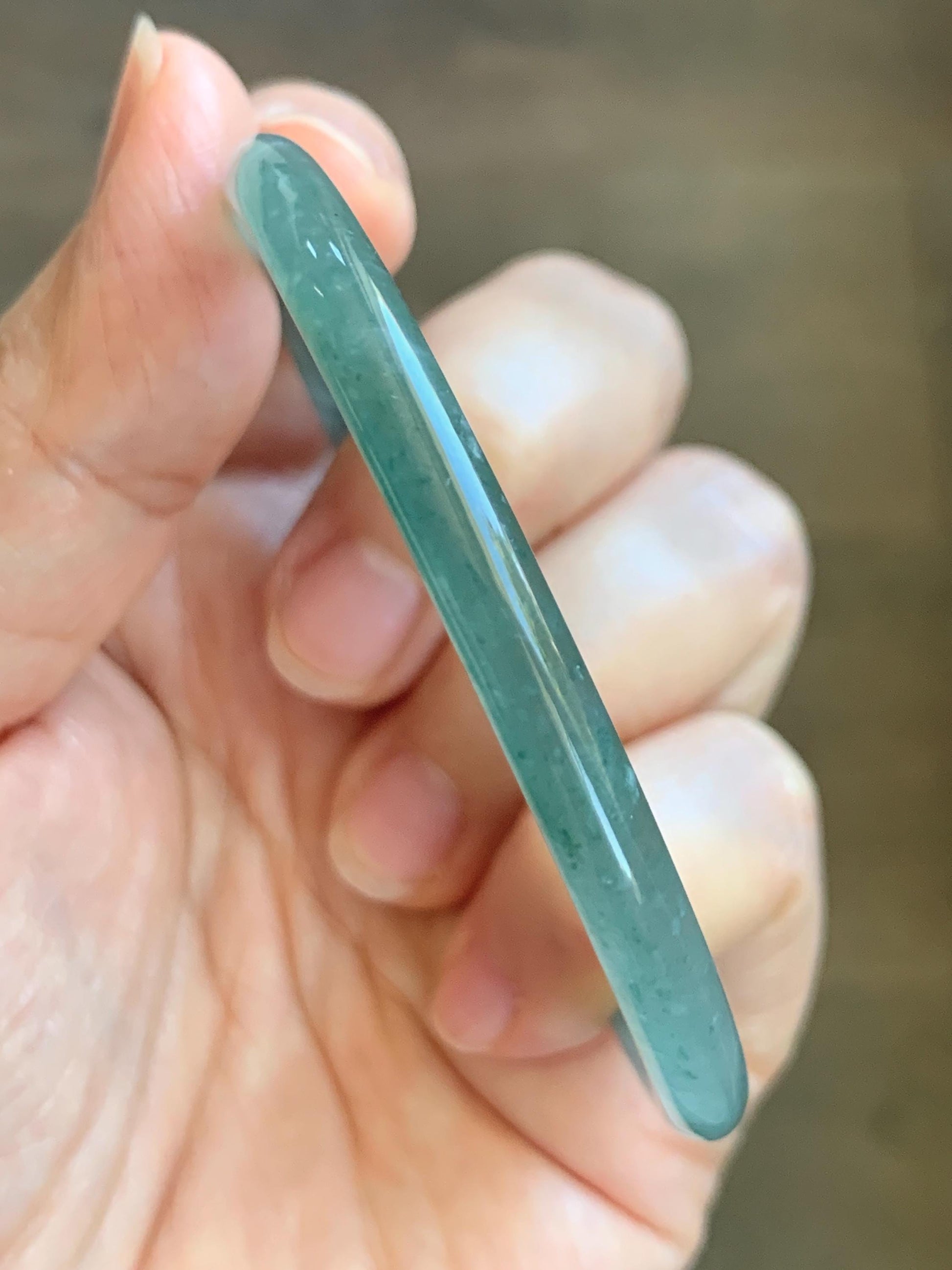 Certified Natural Grade A Guatemalan Icy Highly Translucent Dusty Teal Green Jade Jadeite Slim Bangle 57.57mm 7.11” 16g 天然冰胶危蓝绿翡翠细圆条手镯 206
