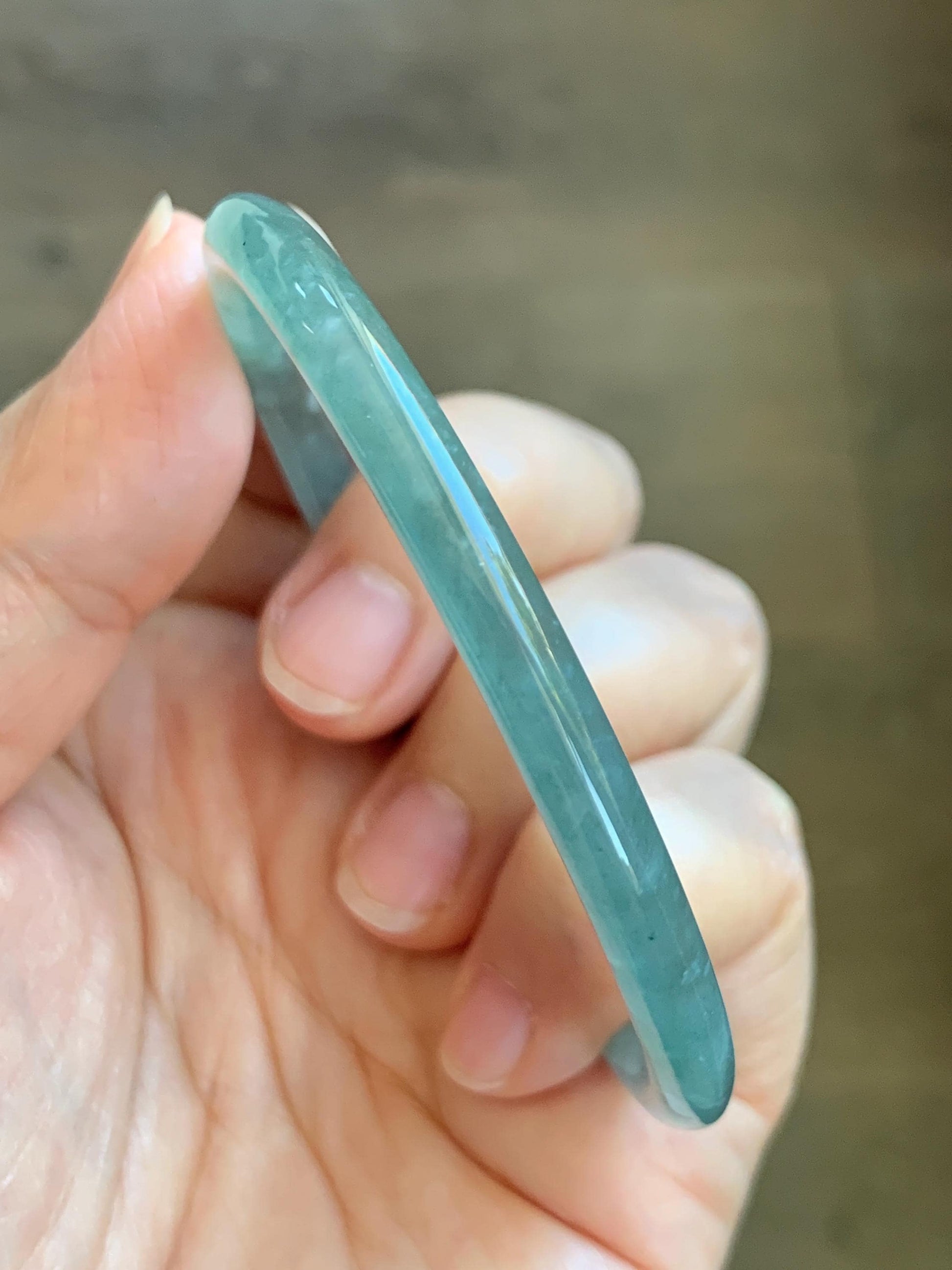Certified Natural Grade A Guatemalan Icy Highly Translucent Dusty Teal Green Jade Jadeite Slim Bangle 57.57mm 7.11” 16g 天然冰胶危蓝绿翡翠细圆条手镯 206