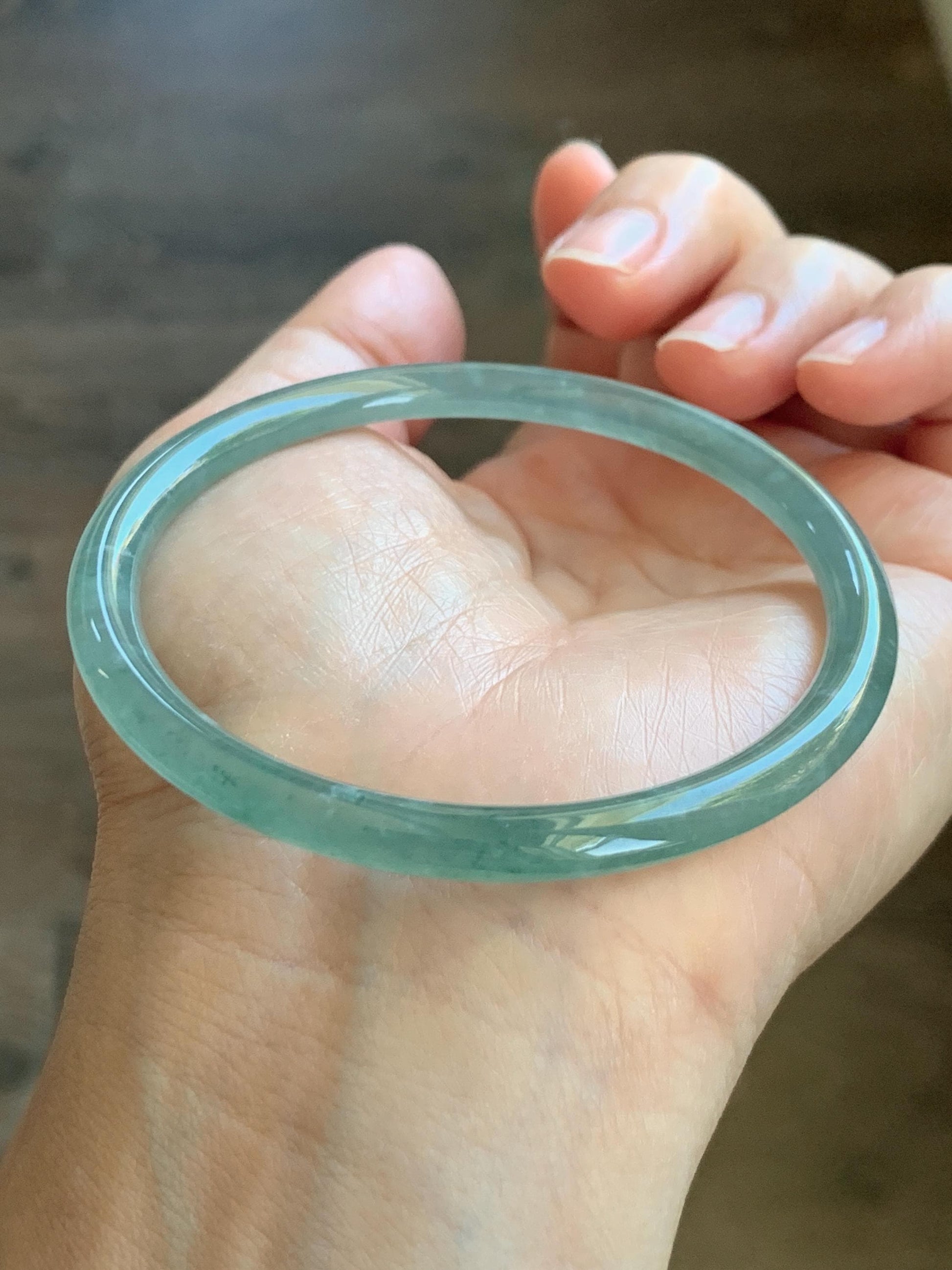 Certified Natural Grade A Guatemalan Icy Highly Translucent Dusty Teal Green Jade Jadeite Slim Bangle 57.57mm 7.11” 16g 天然冰胶危蓝绿翡翠细圆条手镯 206