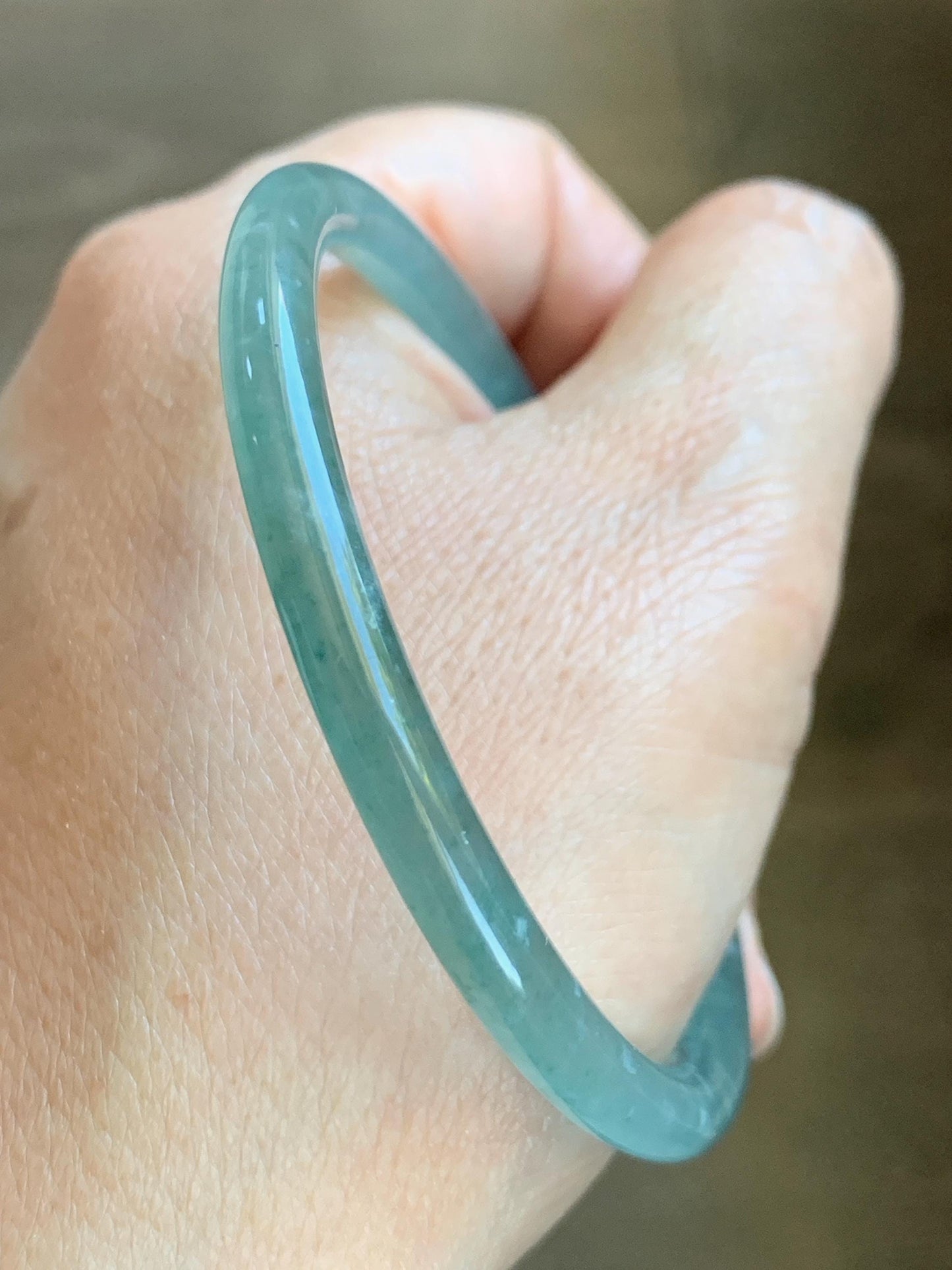 Certified Natural Grade A Guatemalan Icy Highly Translucent Dusty Teal Green Jade Jadeite Slim Bangle 57.57mm 7.11” 16g 天然冰胶危蓝绿翡翠细圆条手镯 206