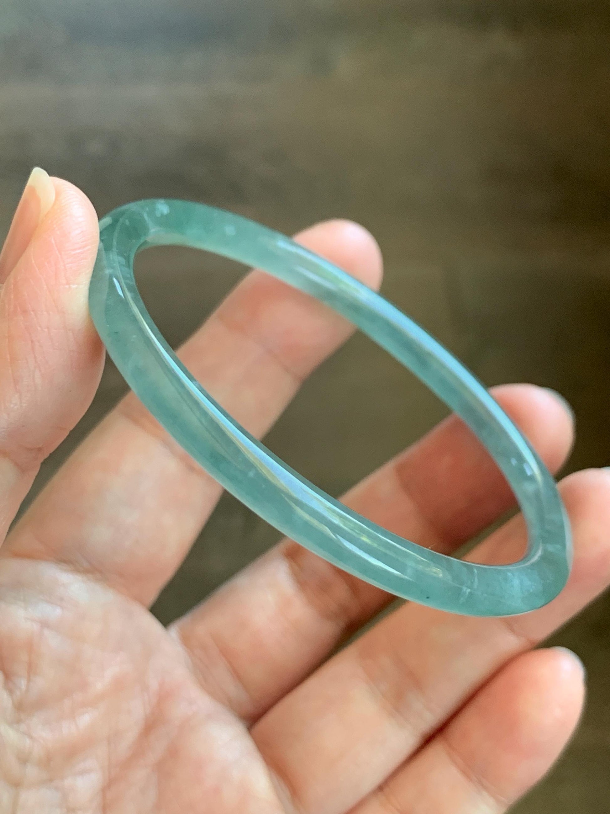 Certified Natural Grade A Guatemalan Icy Highly Translucent Dusty Teal Green Jade Jadeite Slim Bangle 57.57mm 7.11” 16g 天然冰胶危蓝绿翡翠细圆条手镯 206