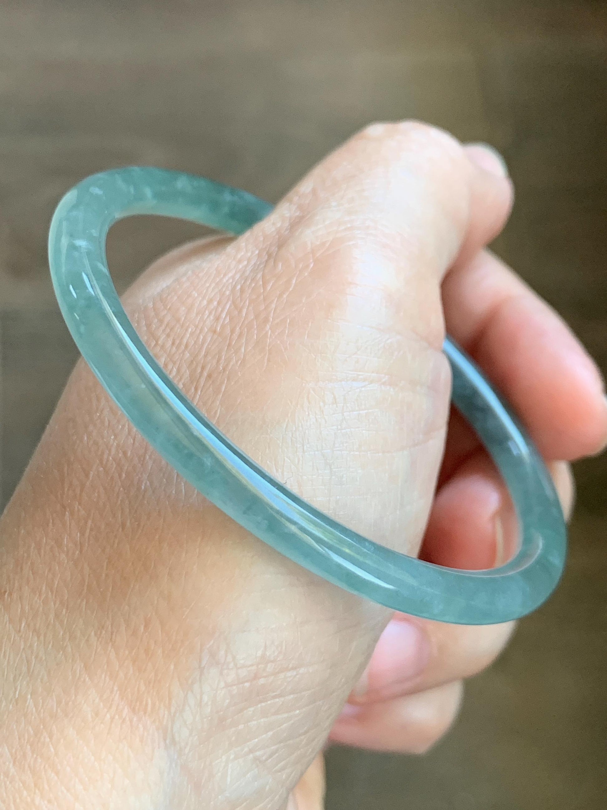 Certified Natural Grade A Guatemalan Icy Highly Translucent Dusty Teal Green Jade Jadeite Slim Bangle 57.57mm 7.11” 16g 天然冰胶危蓝绿翡翠细圆条手镯 206