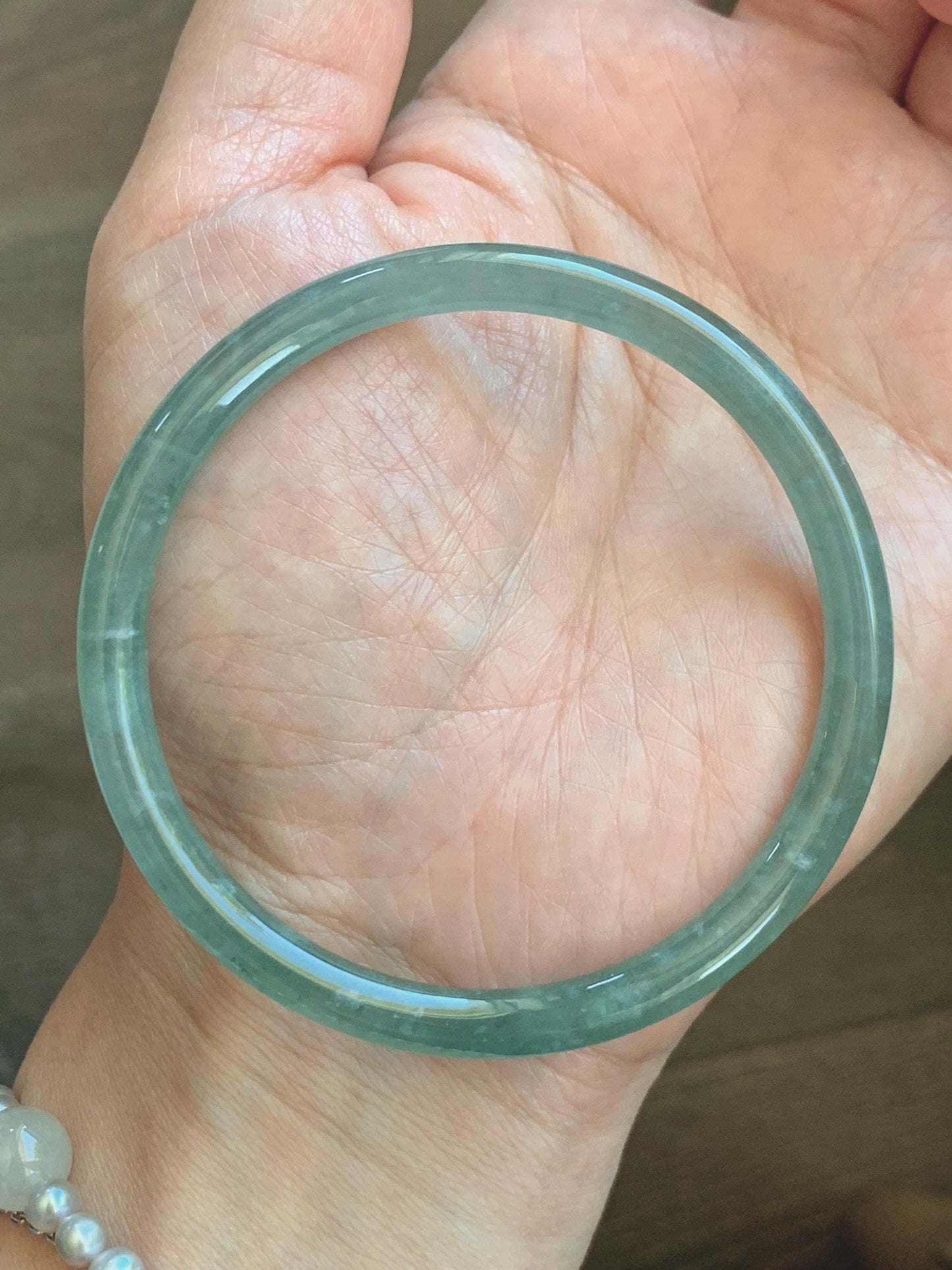 Certified Natural Grade A Guatemalan Icy Highly Translucent Dusty Teal Green Jade Jadeite Slim Bangle 57.57mm 7.11” 16g 天然冰胶危蓝绿翡翠细圆条手镯 206