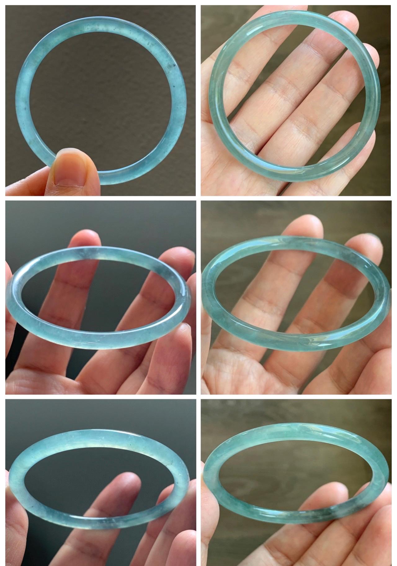 Certified Natural Grade A Guatemalan Icy Highly Translucent Dusty Teal Green Jade Jadeite Slim Bangle 53.05mm 6.56” 13g 天然冰胶危蓝绿翡翠细圆条手镯 207