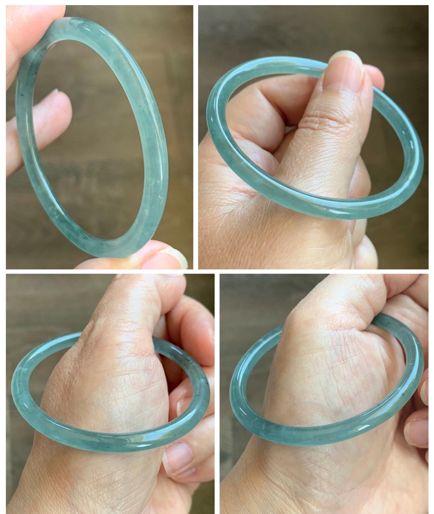 Certified Natural Grade A Guatemalan Icy Highly Translucent Dusty Teal Green Jade Jadeite Slim Bangle 53.05mm 6.56” 13g 天然冰胶危蓝绿翡翠细圆条手镯 207