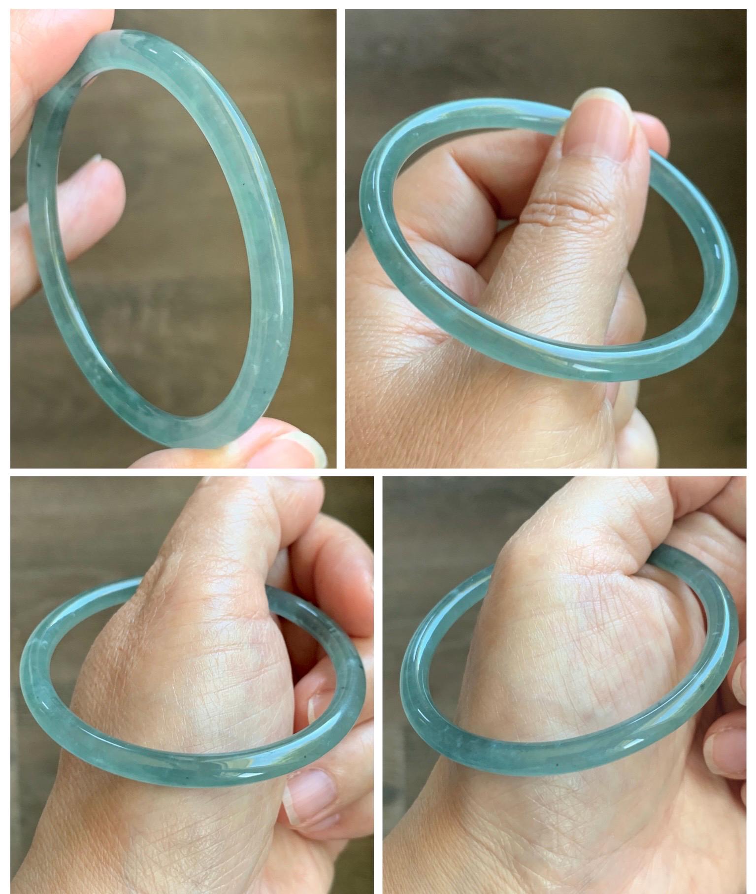 Certified Natural Grade A Guatemalan Icy Highly Translucent Dusty Teal Green Jade Jadeite Slim Bangle 53.05mm 6.56” 13g 天然冰胶危蓝绿翡翠细圆条手镯 207