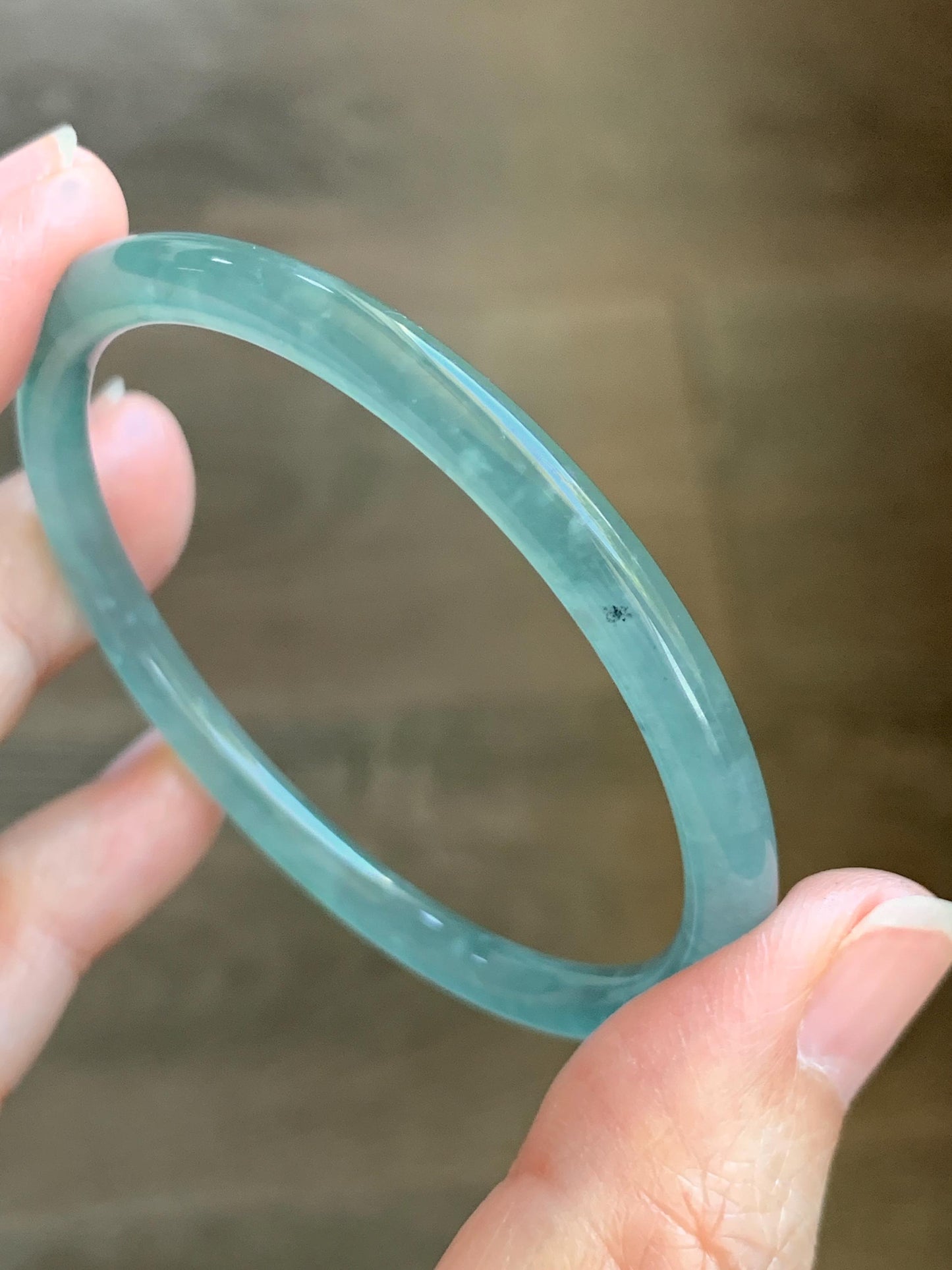 Certified Natural Grade A Guatemalan Icy Highly Translucent Dusty Teal Green Jade Jadeite Slim Bangle 53.05mm 6.56” 13g 天然冰胶危蓝绿翡翠细圆条手镯 207