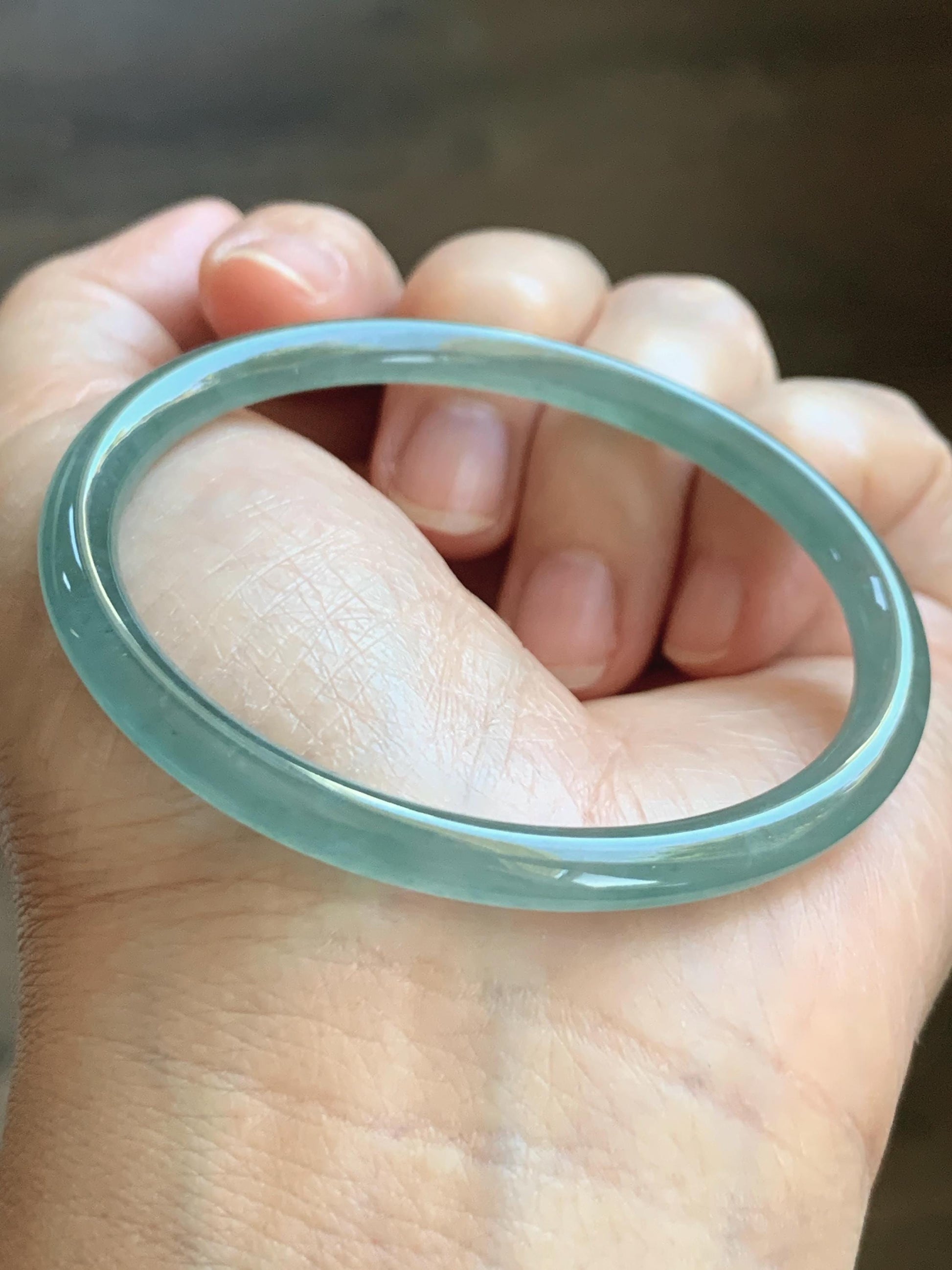 Certified Natural Grade A Guatemalan Icy Highly Translucent Dusty Teal Green Jade Jadeite Slim Bangle 53.05mm 6.56” 13g 天然冰胶危蓝绿翡翠细圆条手镯 207