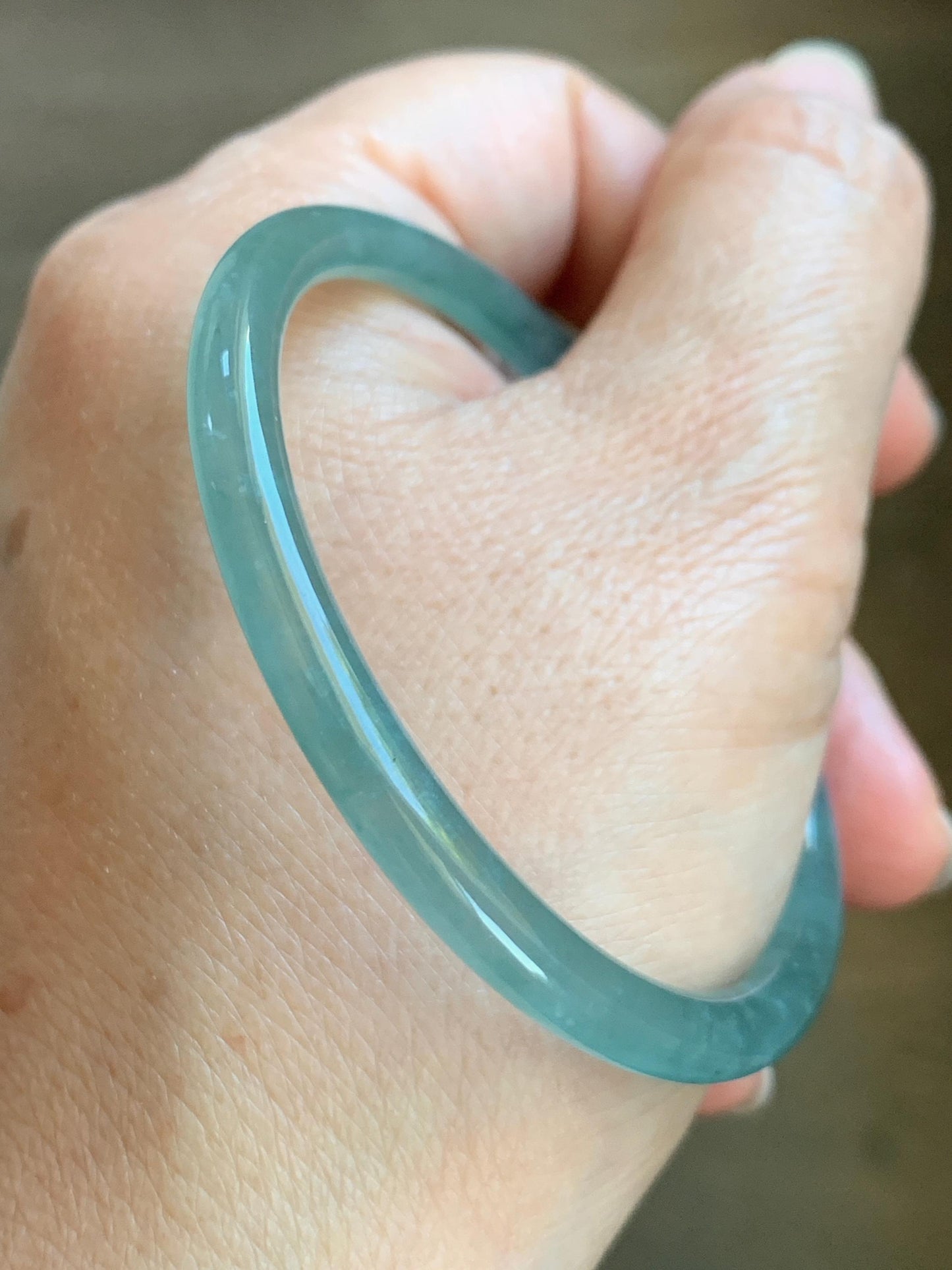 Certified Natural Grade A Guatemalan Icy Highly Translucent Dusty Teal Green Jade Jadeite Slim Bangle 53.05mm 6.56” 13g 天然冰胶危蓝绿翡翠细圆条手镯 207