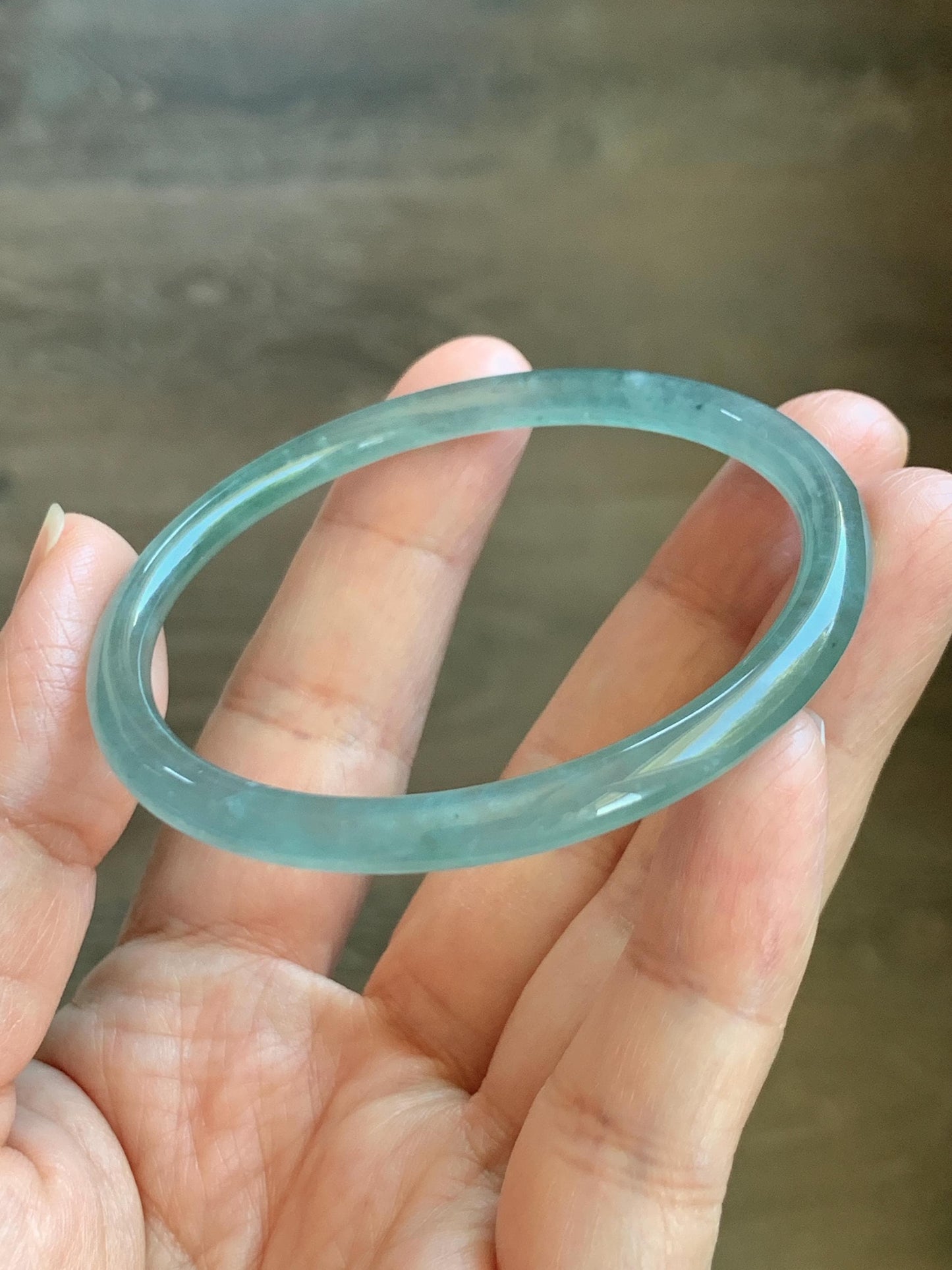 Certified Natural Grade A Guatemalan Icy Highly Translucent Dusty Teal Green Jade Jadeite Slim Bangle 53.05mm 6.56” 13g 天然冰胶危蓝绿翡翠细圆条手镯 207