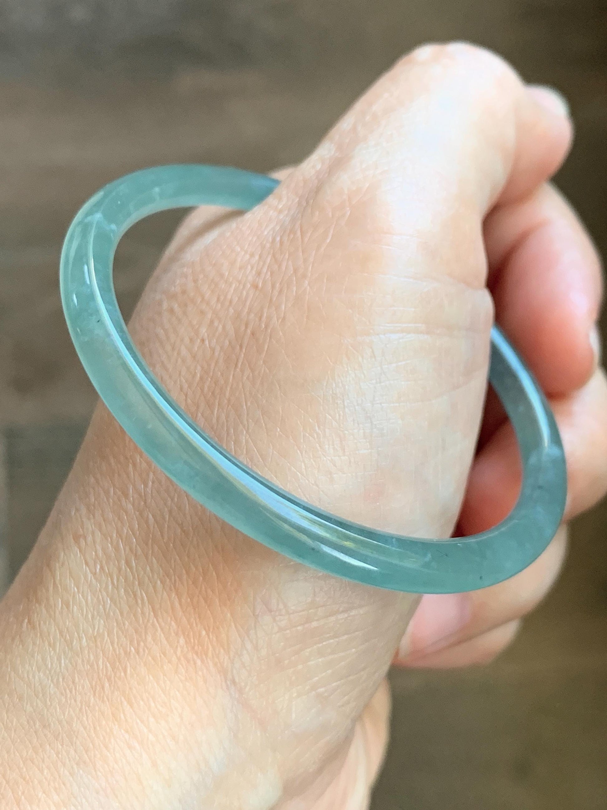 Certified Natural Grade A Guatemalan Icy Highly Translucent Dusty Teal Green Jade Jadeite Slim Bangle 53.05mm 6.56” 13g 天然冰胶危蓝绿翡翠细圆条手镯 207