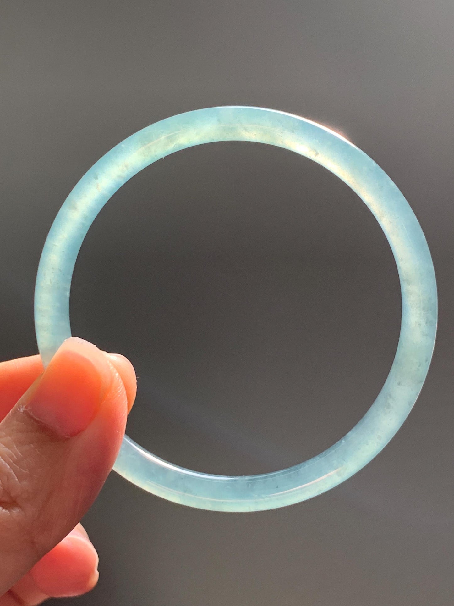 Certified Natural Grade A Guatemalan Icy Highly Translucent Dusty Teal Green Jade Jadeite Slim Bangle 53.05mm 6.56” 13g 天然冰胶危蓝绿翡翠细圆条手镯 207